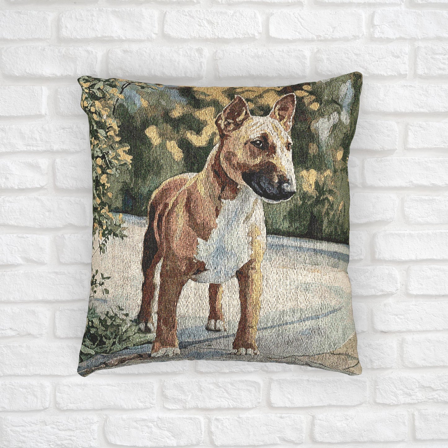 Miniature Bull Terrier Decorative Pillow – Bold Dog Lover Décor – Woven 17"x18" Accent Pillow
