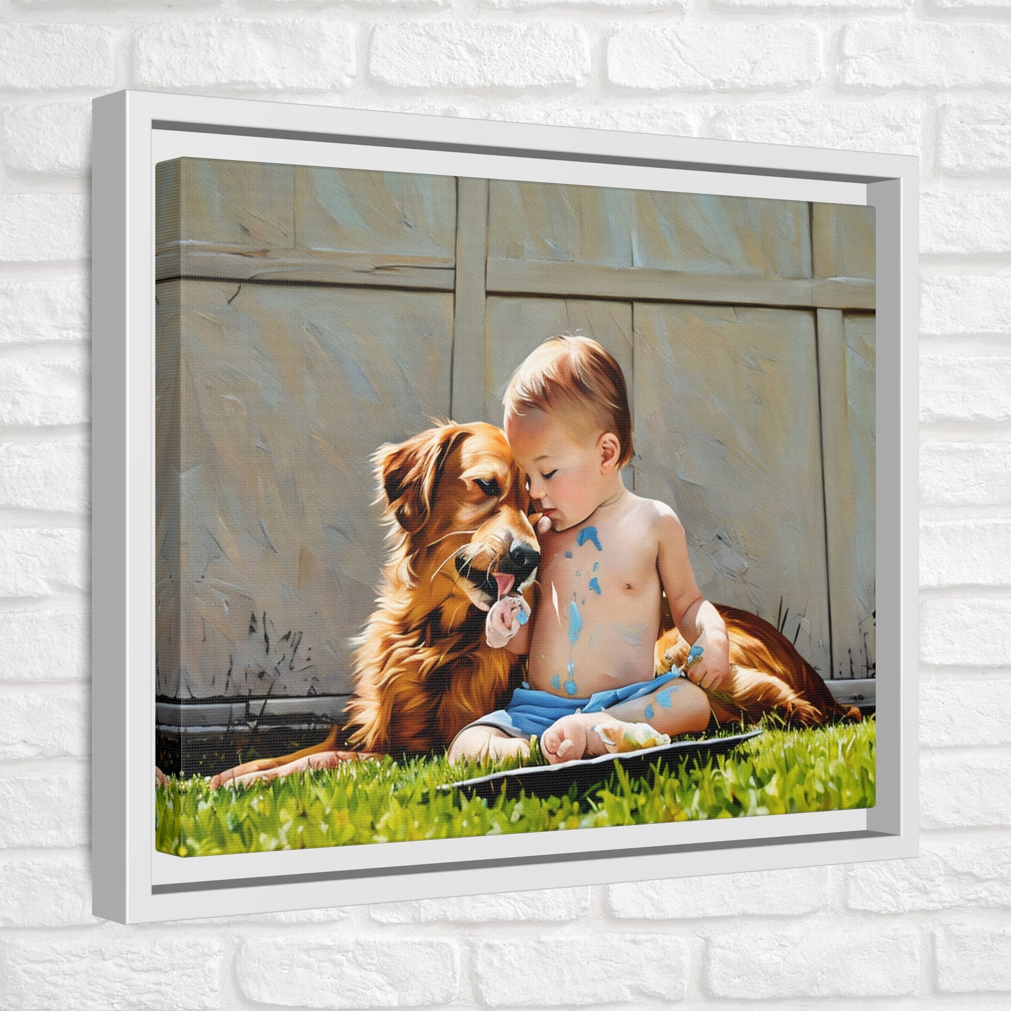Golden Retriever & Baby Boy Canvas | Sweet Dog Art Print | Framed Wall Decor in Black, White, or Espresso | 11x 14| Dog Lover Gift