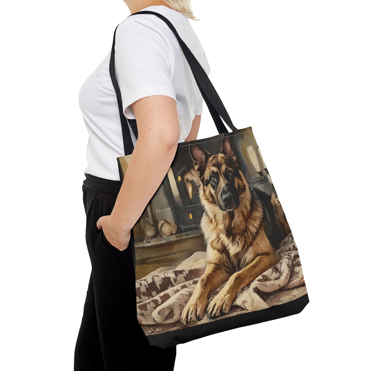 German Shepherd Tote Bag | Cozy Fireplace Dog Art | Large Reusable Shoulder Bag for Dog Lovers