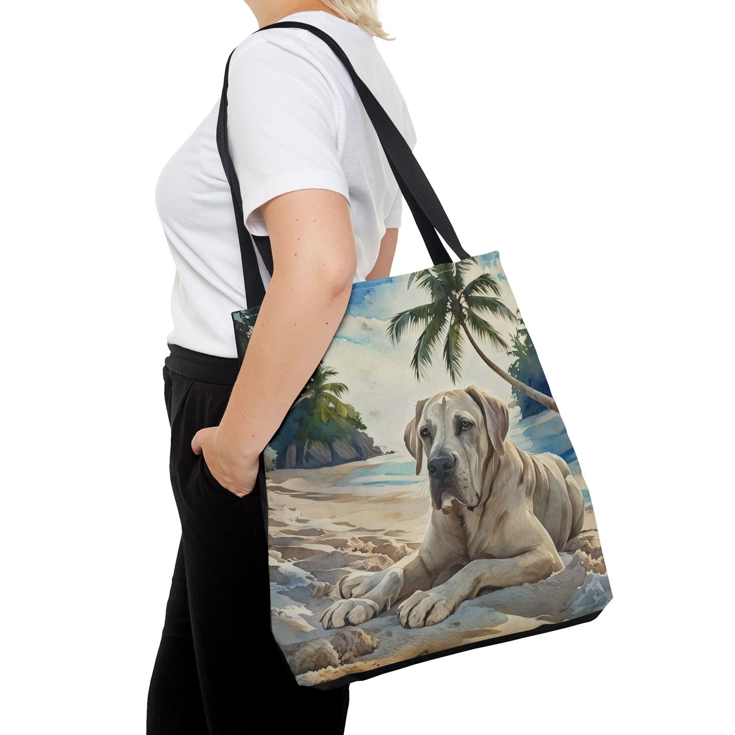 Great Dane Tote Bag | Tropical Beach Dog Art | Large Reusable Shoulder Bag for Gentle Giant Lovers
