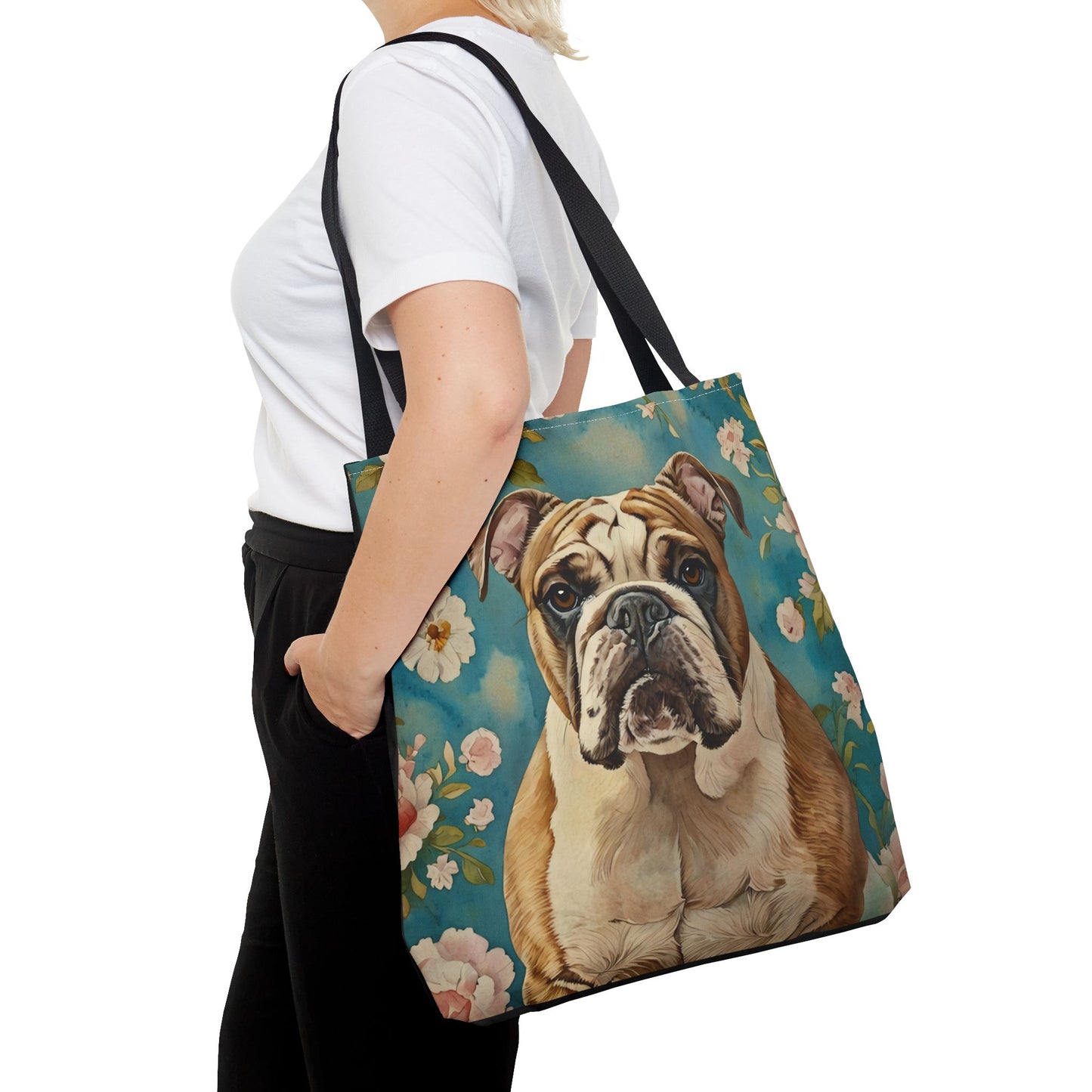 English Bulldog Tote Bag | Floral Dog Art with Blue Background | Large Reusable Shoulder Bag for Bulldog Lovers