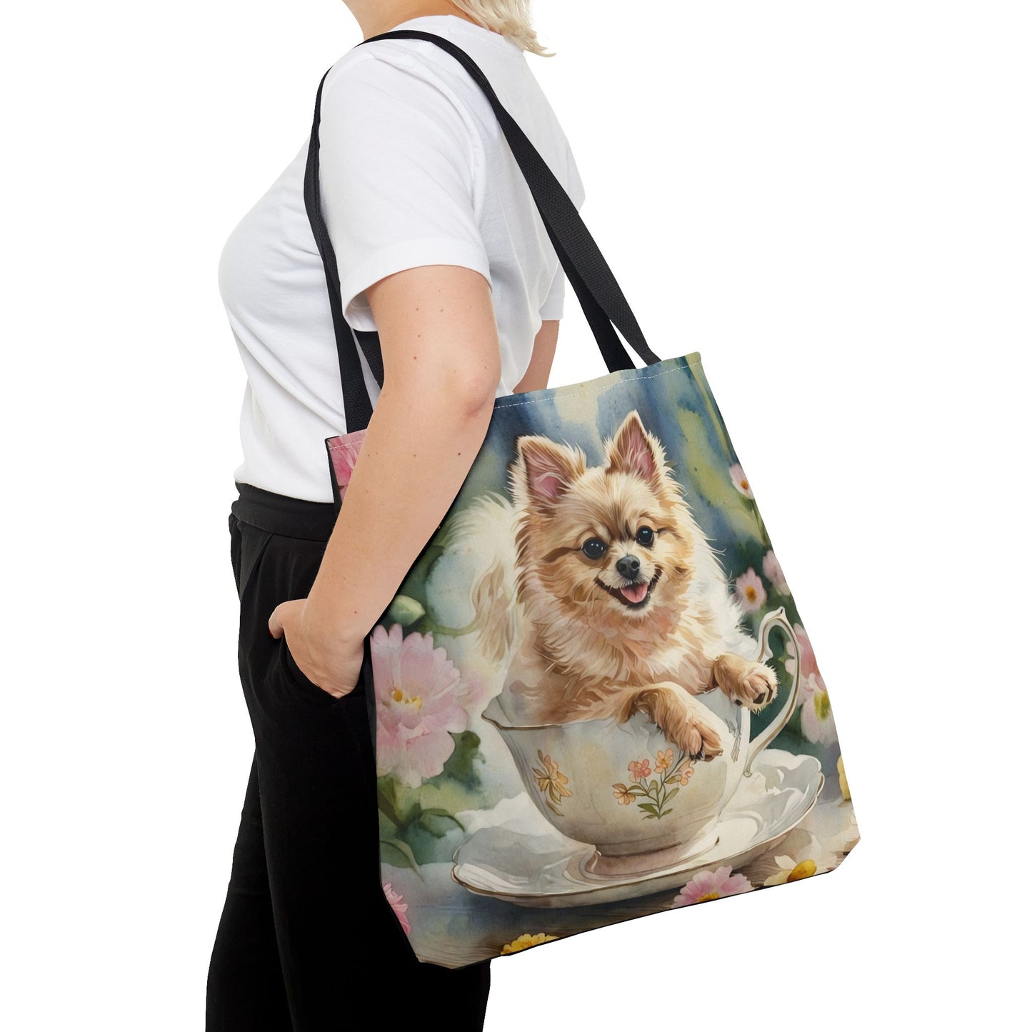 Pomeranian Tote Bag | Teacup Dog and Floral Art | Large Reusable Shoulder Bag for Pom Lovers and Tea Fans