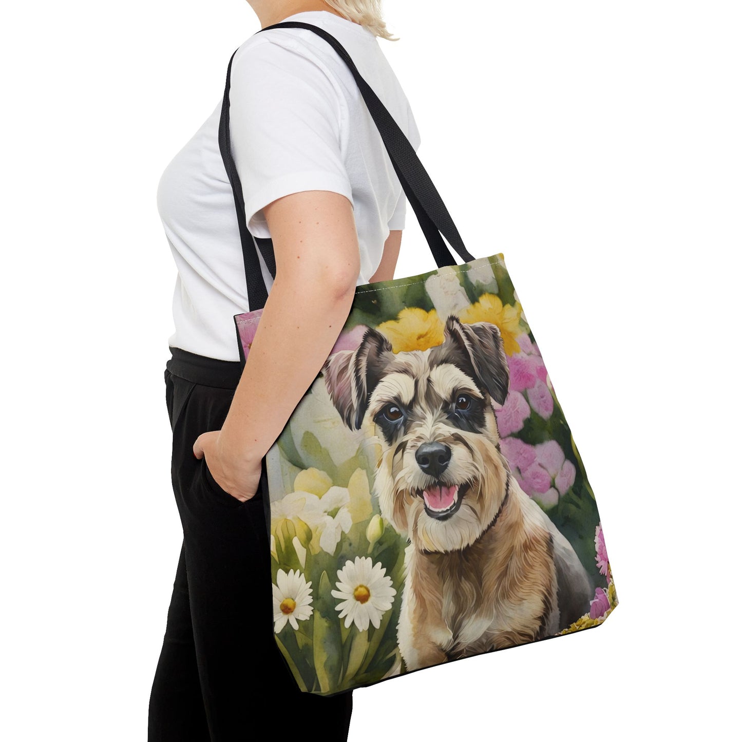 Miniature Schnauzer Tote Bag | Floral Garden Dog Art | Large Reusable Shoulder Bag for Schnauzer Lovers