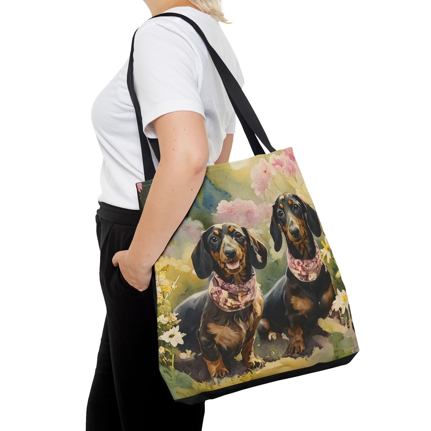 Dachshund Tote Bag | Floral Garden Dog Art with Pink Scarves | Large Reusable Bag for Doxie Lovers