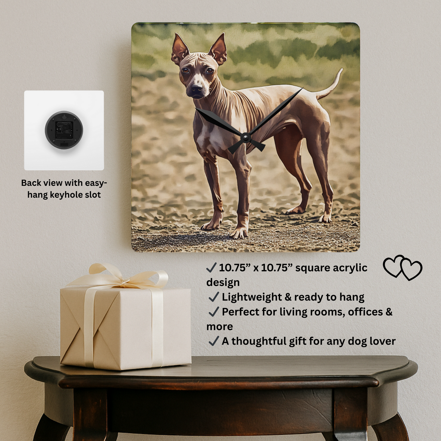 American Hairless Terrier Wall Clock | Dog Lover Gift | Decorative Acrylic Clock with Watercolor AHT Art