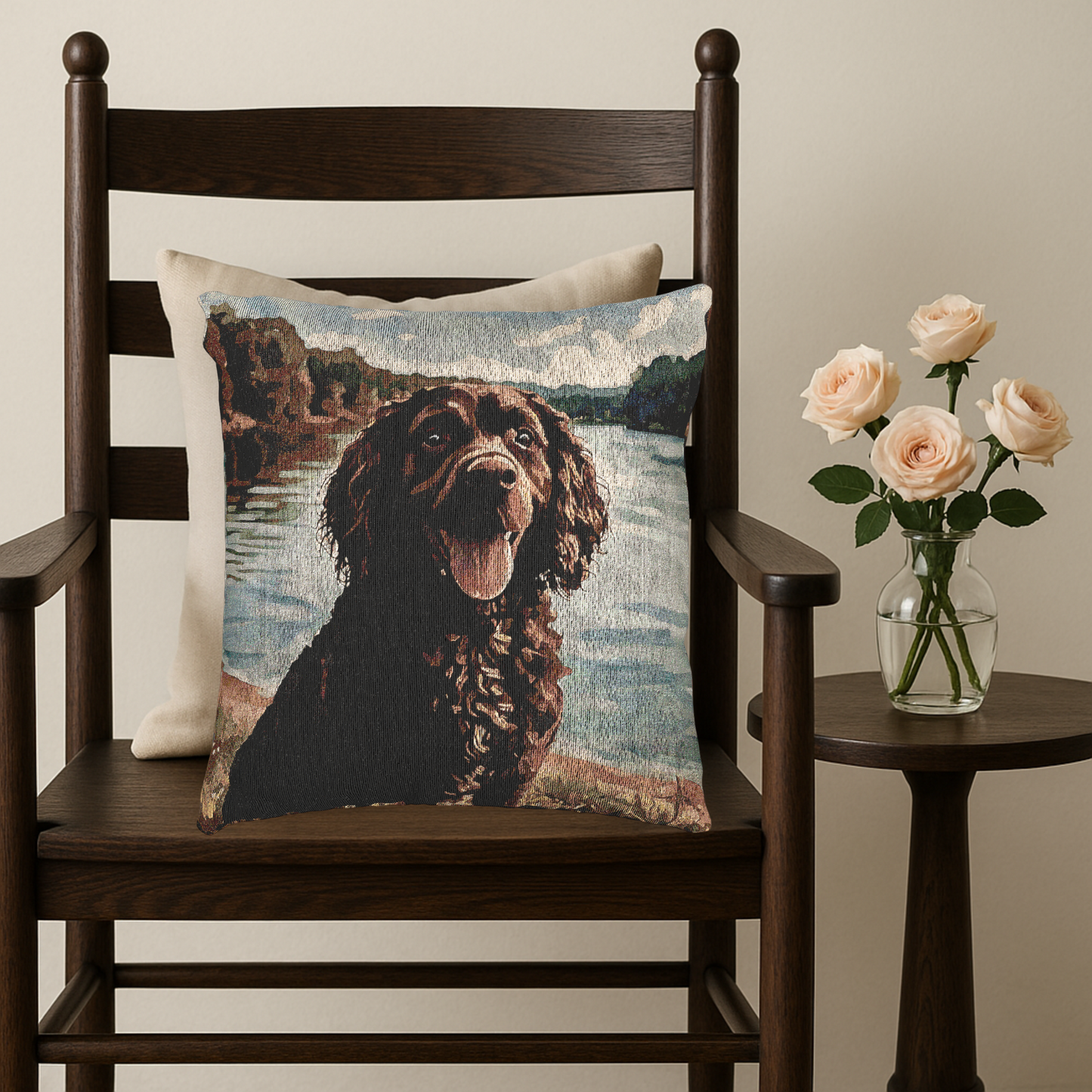 American Water Spaniel Woven Pillow | Spaniel Lover Home Décor | Decorative Throw Pillow with Dog Art
