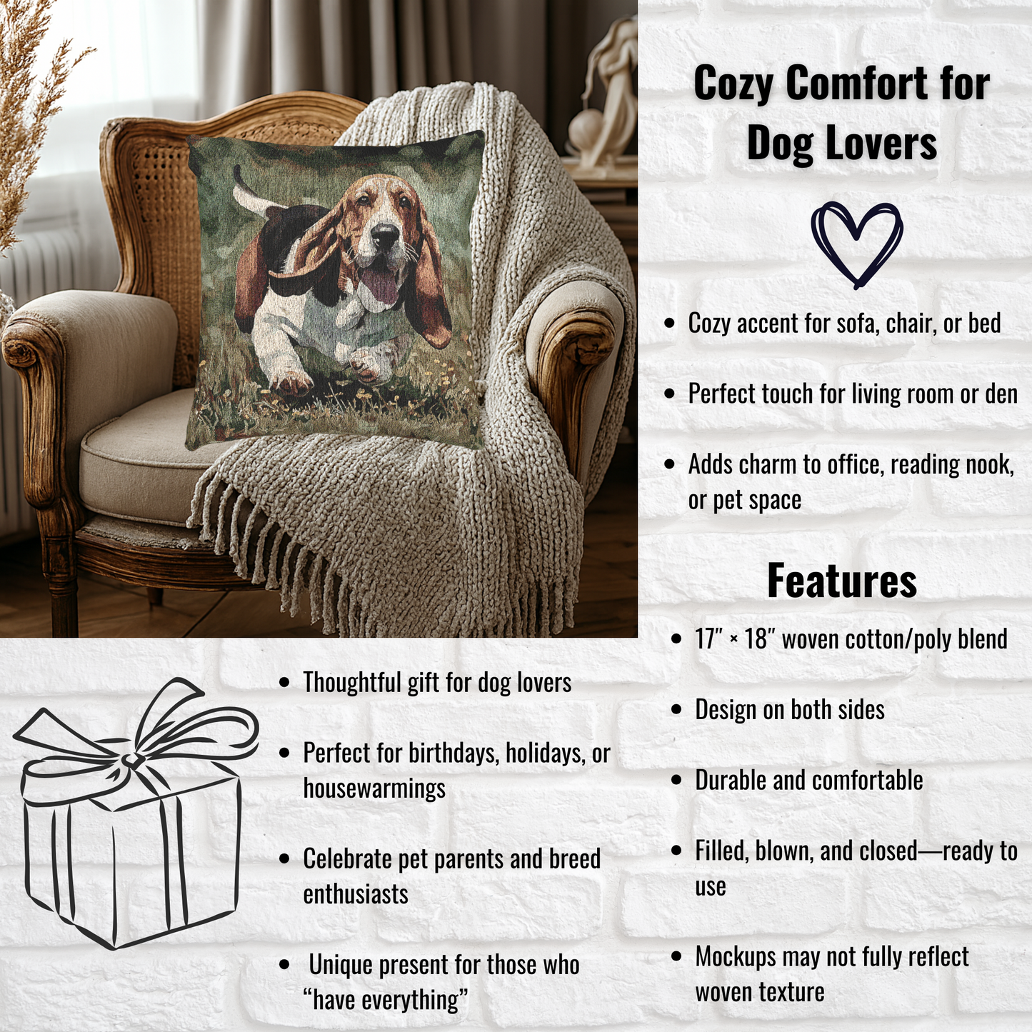 Basset Hound Pillow | Woven Dog Lover Home Décor | 17x18 Cotton Blend Throw Pillow