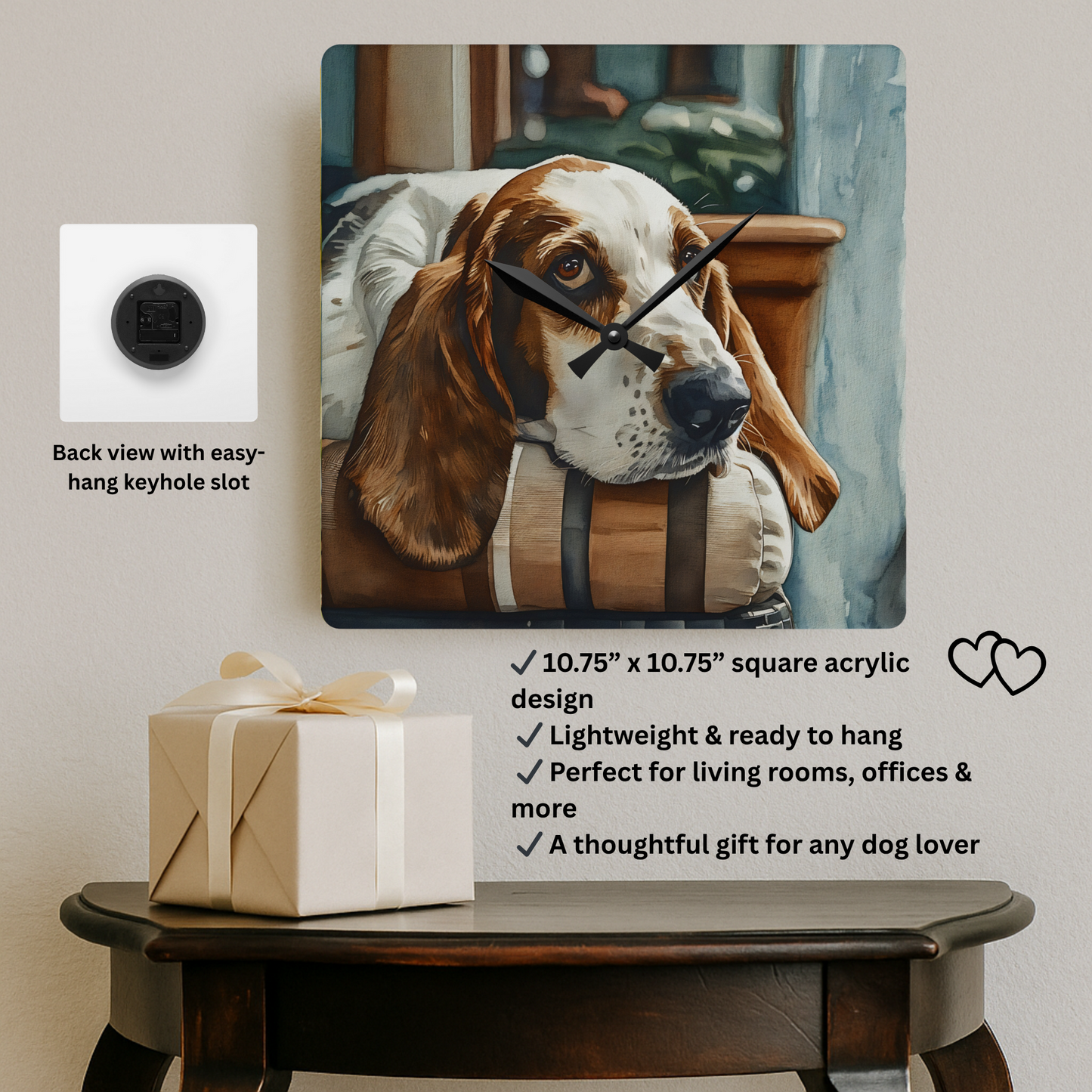 Basset Hound Wall Clock | Dog Lover Gift | Watercolor Basset Hound Art | Decorative Acrylic Clock