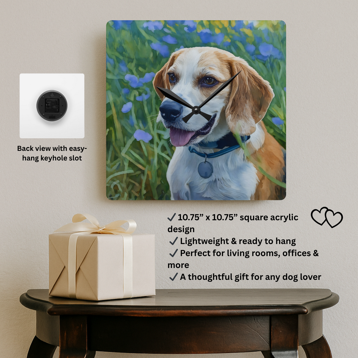 Beagle Wall Clock – Watercolor Dog Art for Home or Office | 10.75” Square Acrylic Clock