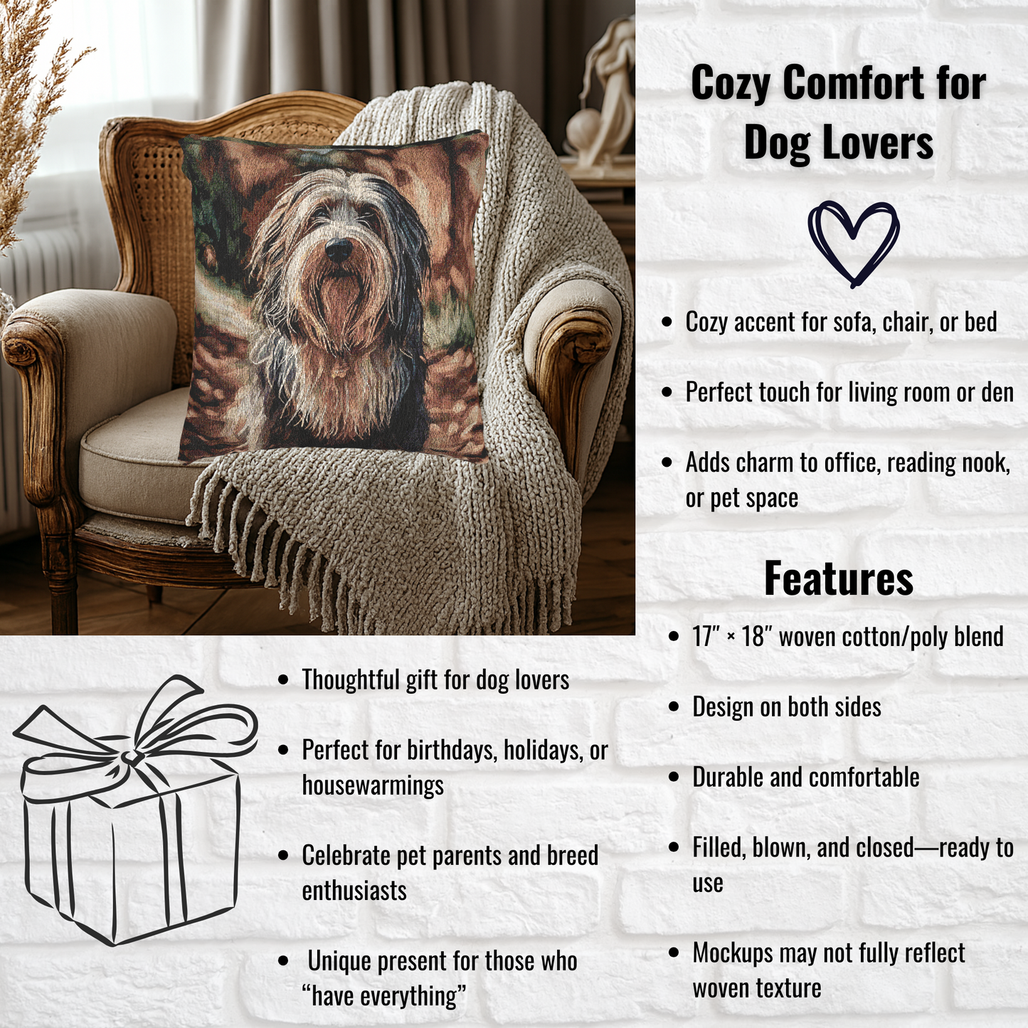 Bearded Collie Pillow | Woven Dog Lover Home Décor | 17x18 Cotton Blend Throw Pillow
