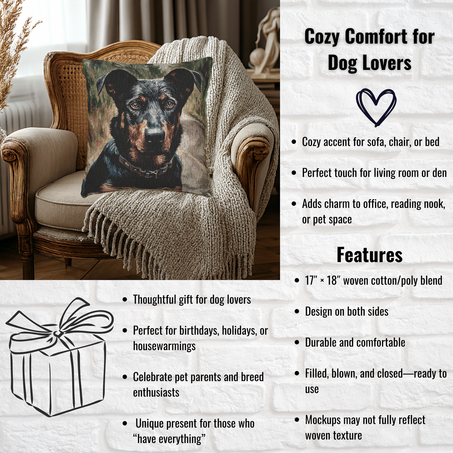 Beauceron Pillow | Woven Dog Lover Home Décor | 17x18 Cotton Blend Throw Pillow