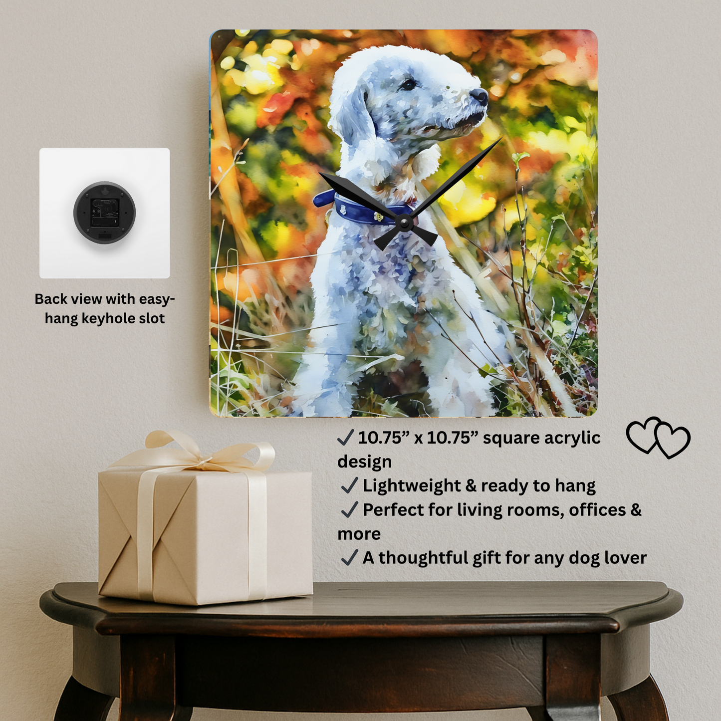 Bedlington Terrier Wall Clock | Dog Lover Gift | Watercolor Bedlington Terrier Art | Decorative Acrylic Clock