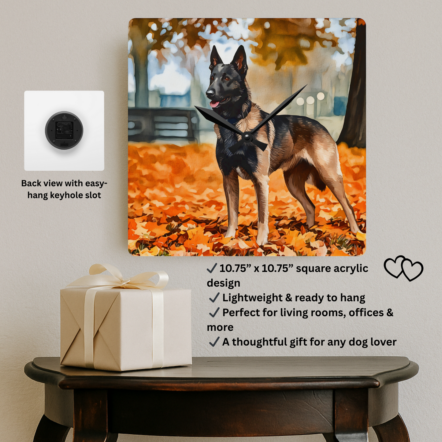 Belgian Malinois Wall Clock | Dog Lover Gift | Watercolor Belgian Malinois Art | 10.75" Acrylic Clock