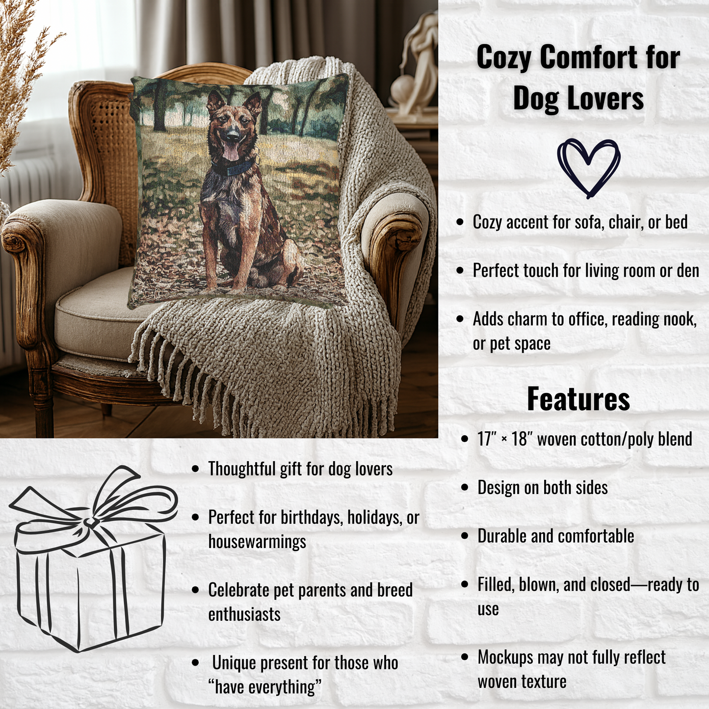 Belgian Malinois Pillow | Dog Lover Home Décor | Decorative Woven Pillow with Belgian Malinois Art