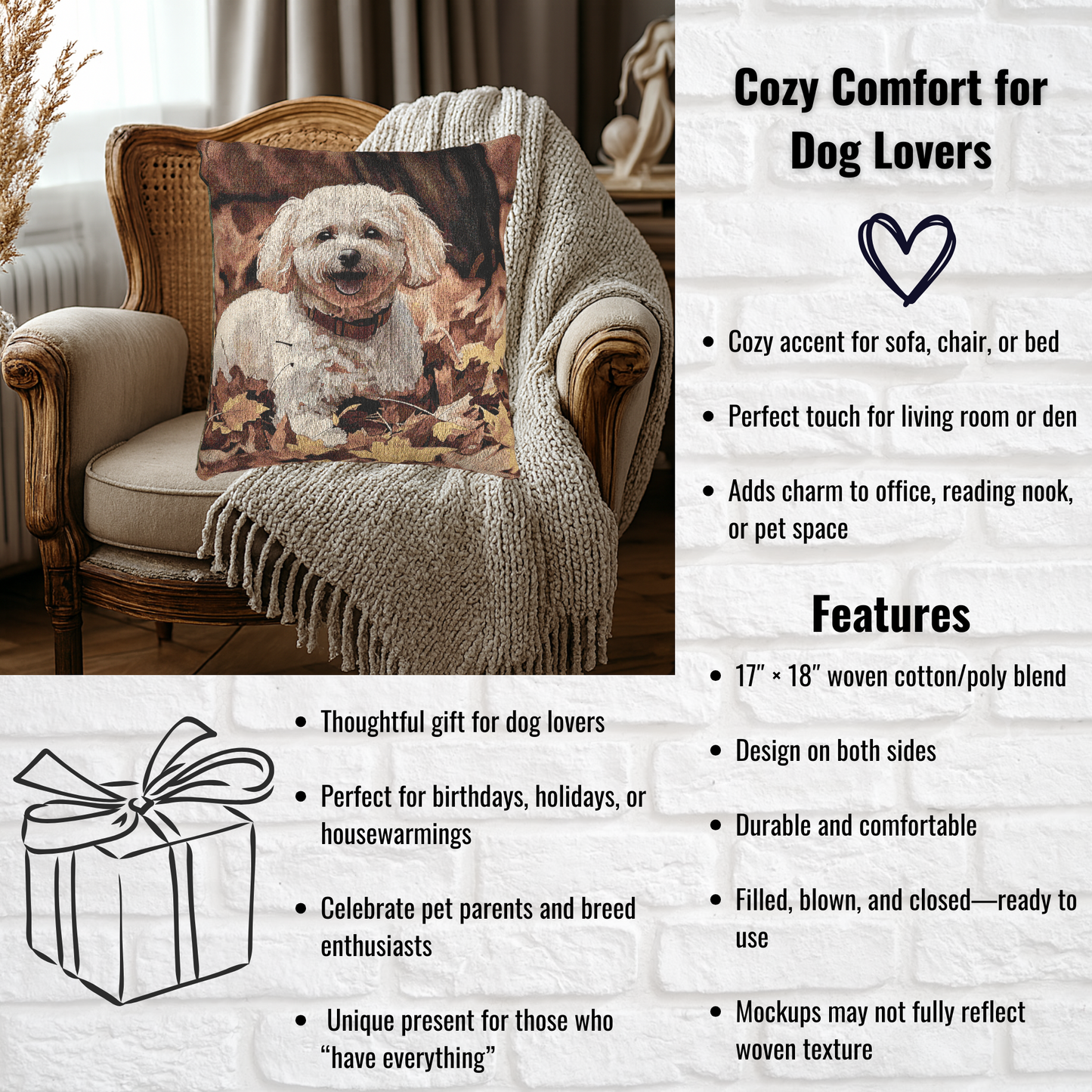 Bichon Frise Pillow | Dog Lover Home Décor | Decorative Woven Pillow with Bichon Frise Art