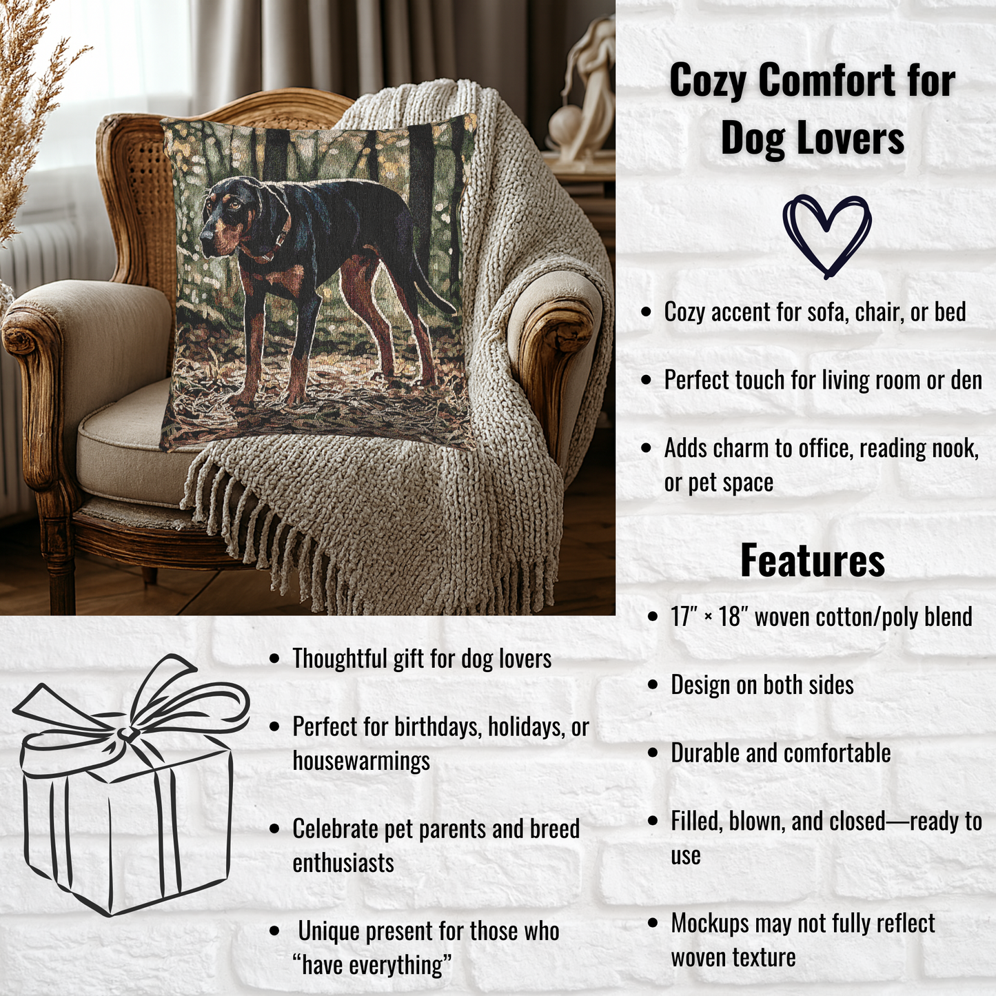 Black and Tan Coonhound Pillow | Dog Lover Gift | Woven Throw Pillow with Coonhound Art