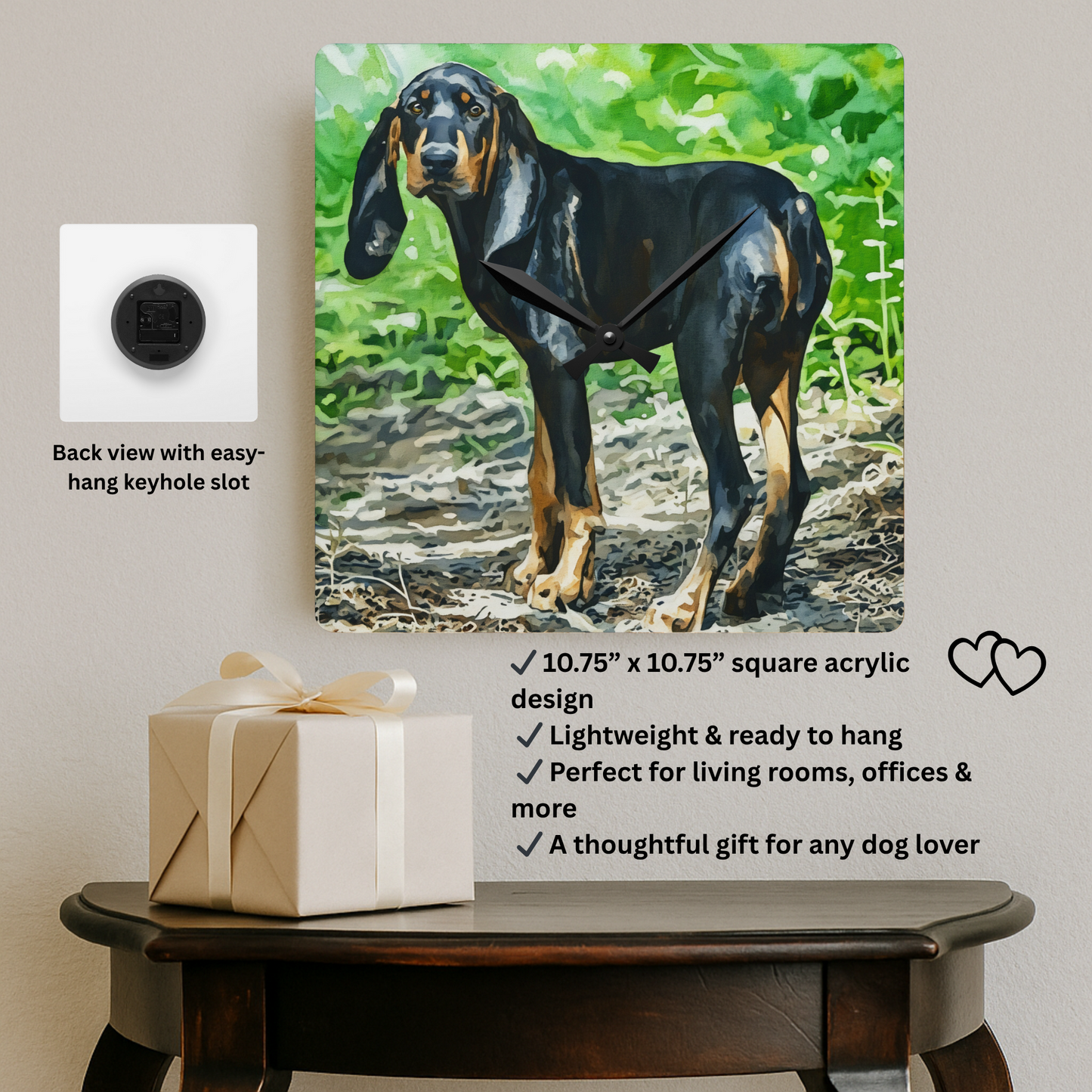 Black and Tan Coonhound Wall Clock | Dog Lover Gift | Stylish Acrylic Clock with Coonhound Art