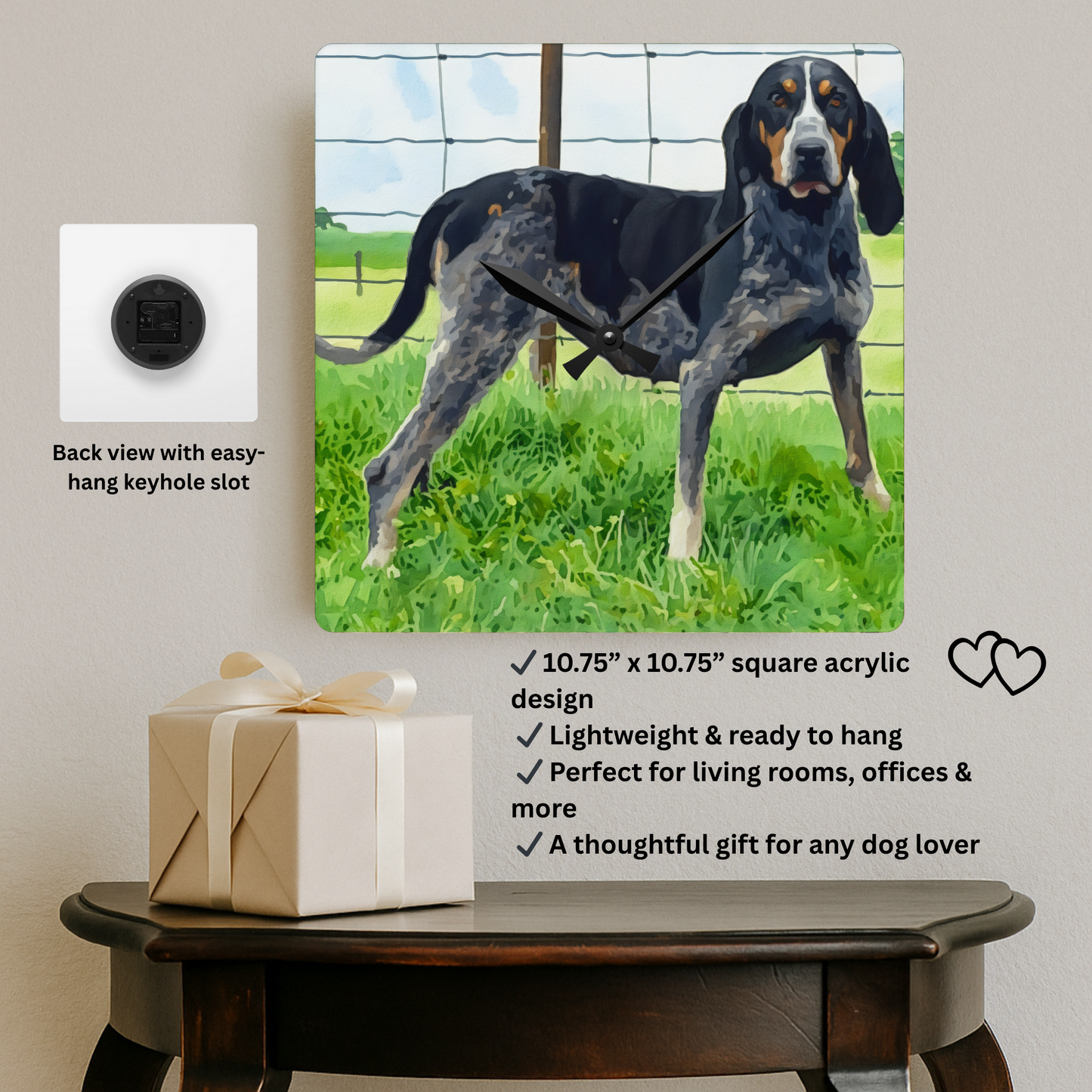 Bluetick Coonhound Wall Clock | Dog Lover Gift | Stylish Acrylic Clock with Bluetick Art