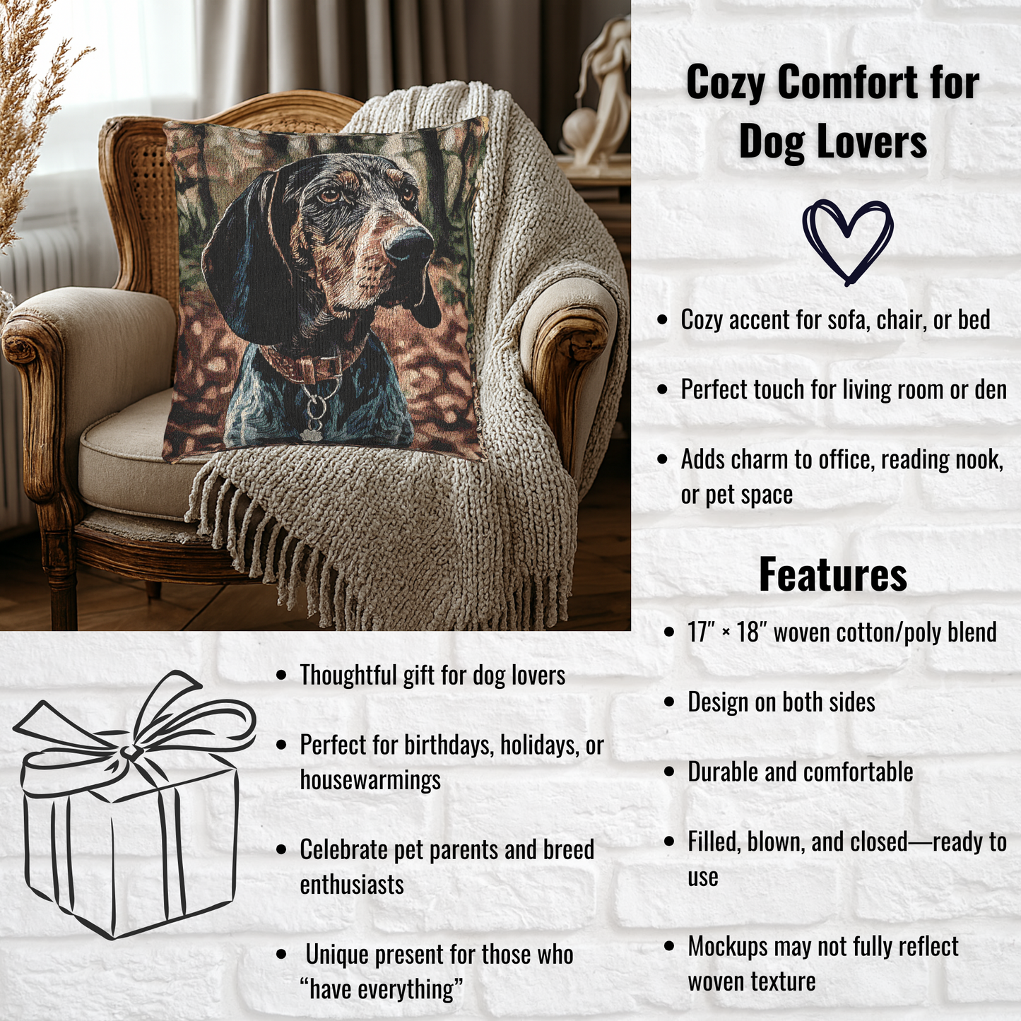 Bluetick Coonhound Pillow | Dog Lover Gift | Woven Throw Pillow with Bluetick Art