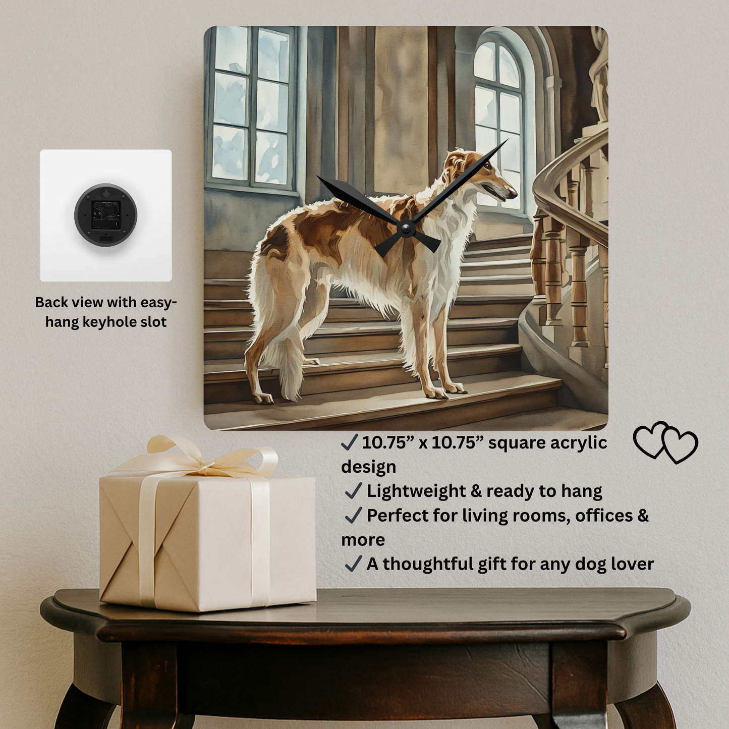 Borzoi Wall Clock | Dog Lover Gift | Decorative Acrylic Clock with Elegant Borzoi Art