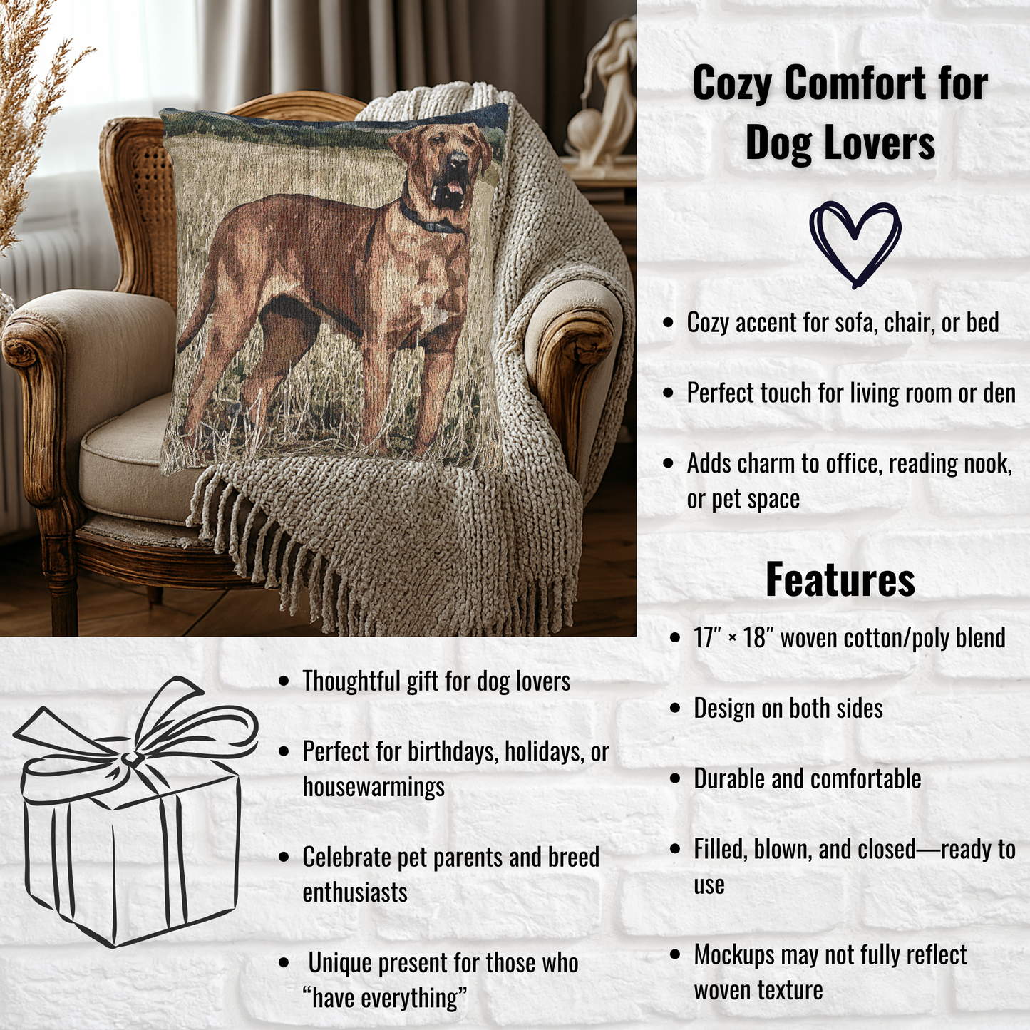 Broholmer Woven Pillow | 17″×18″ Gentle Danish Mastiff Dog Lover Home Décor