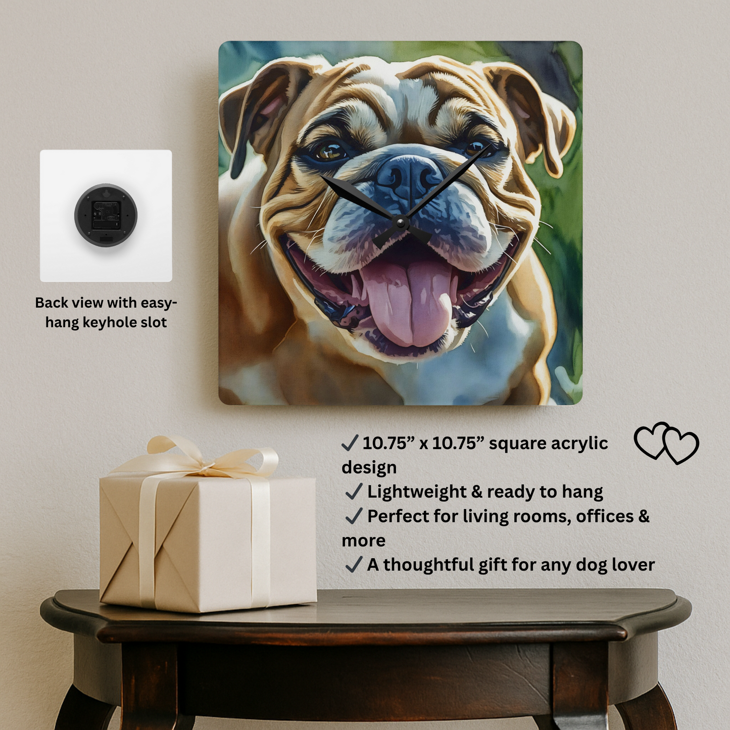 Bulldog Wall Clock – Watercolor Dog Art | 10.75” Square Acrylic Wall Clock