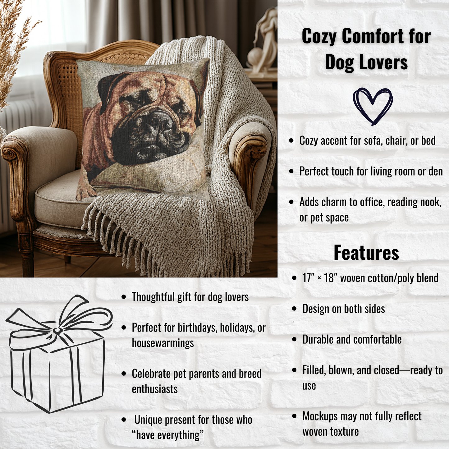 Bullmastiff Woven Decorative Pillow – Dog Lover Home Décor Gift