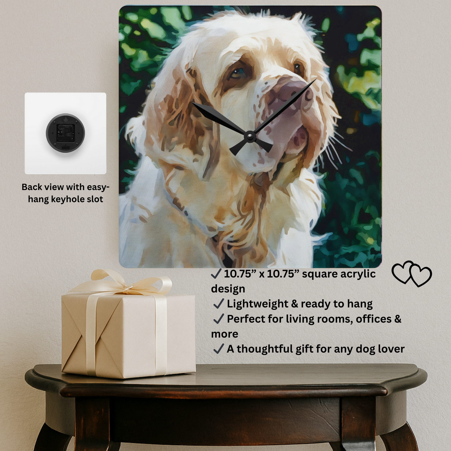 Clumber Spaniel Acrylic Wall Clock – Watercolor Dog Art Home Décor