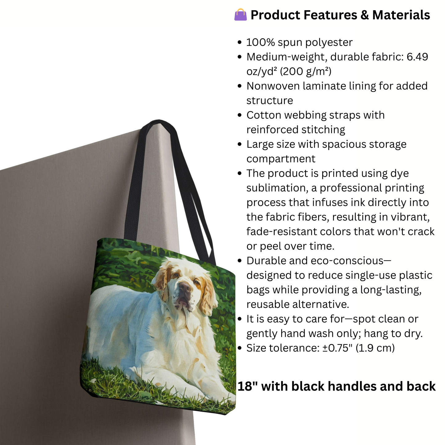 Clumber Spaniel Tote Bag – 100% Polyester Reusable Bag with Watercolor Dog Art