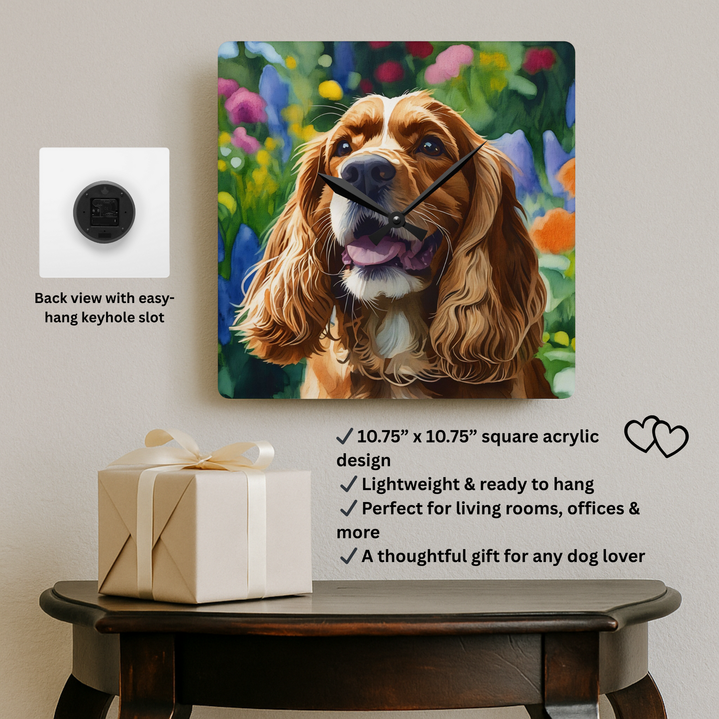 Cocker Spaniel Wall Clock – Watercolor Dog Art | 10.75” Square Acrylic Wall Clock