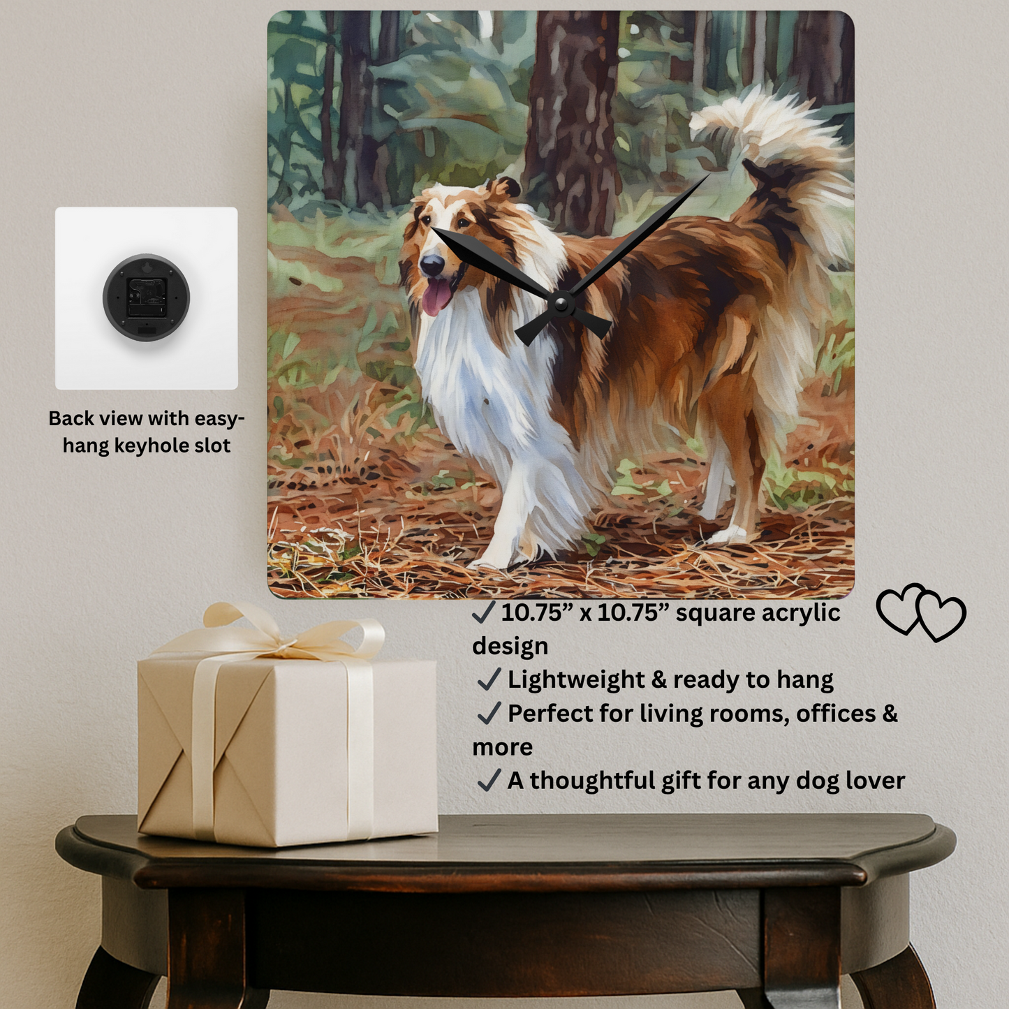 Collie Acrylic Wall Clock – Graceful Watercolor Dog Lover Gift