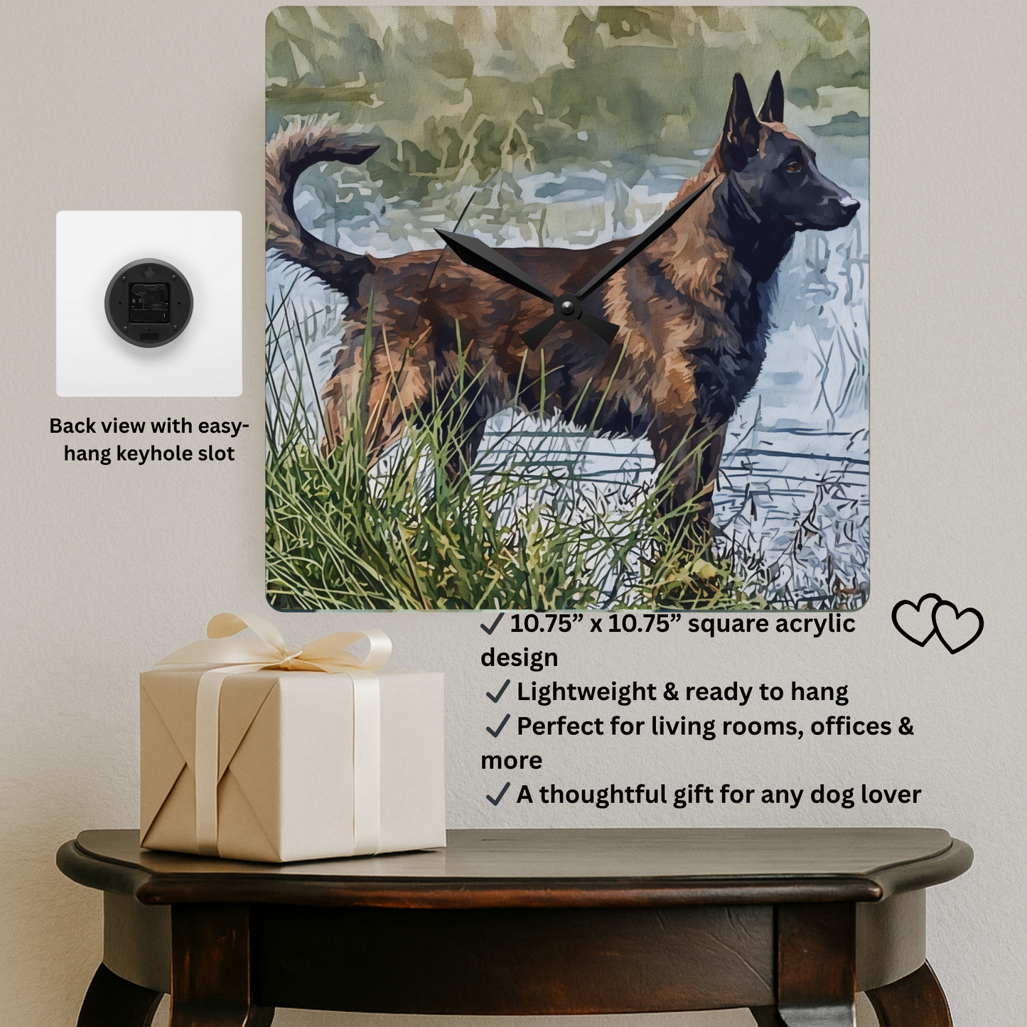 Dutch Shepherd Wall Clock – Minimalist Acrylic Clock with Watercolor Dutch Shepherd Art