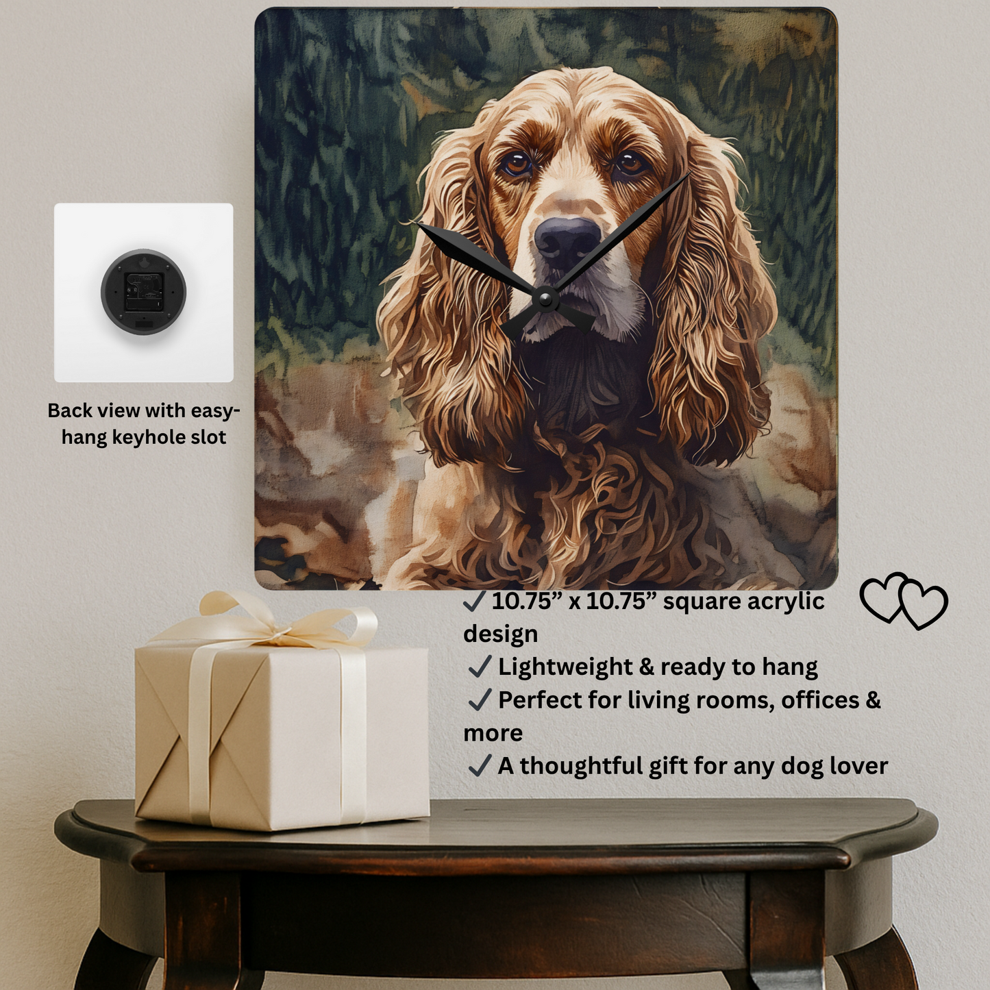 English Cocker Spaniel Wall Clock – Elegant Acrylic Clock with Watercolor Spaniel Art