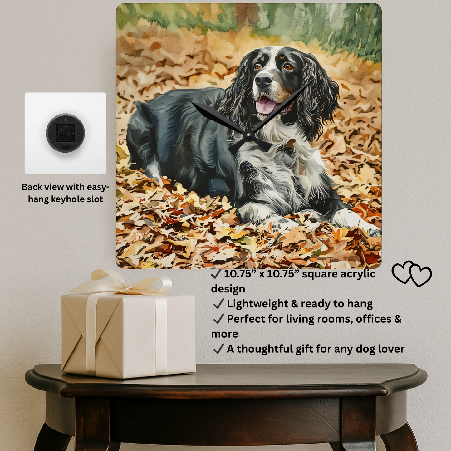 English Springer Spaniel Wall Clock – Watercolor Dog Portrait on Acrylic – Perfect Gift for Springer Lovers