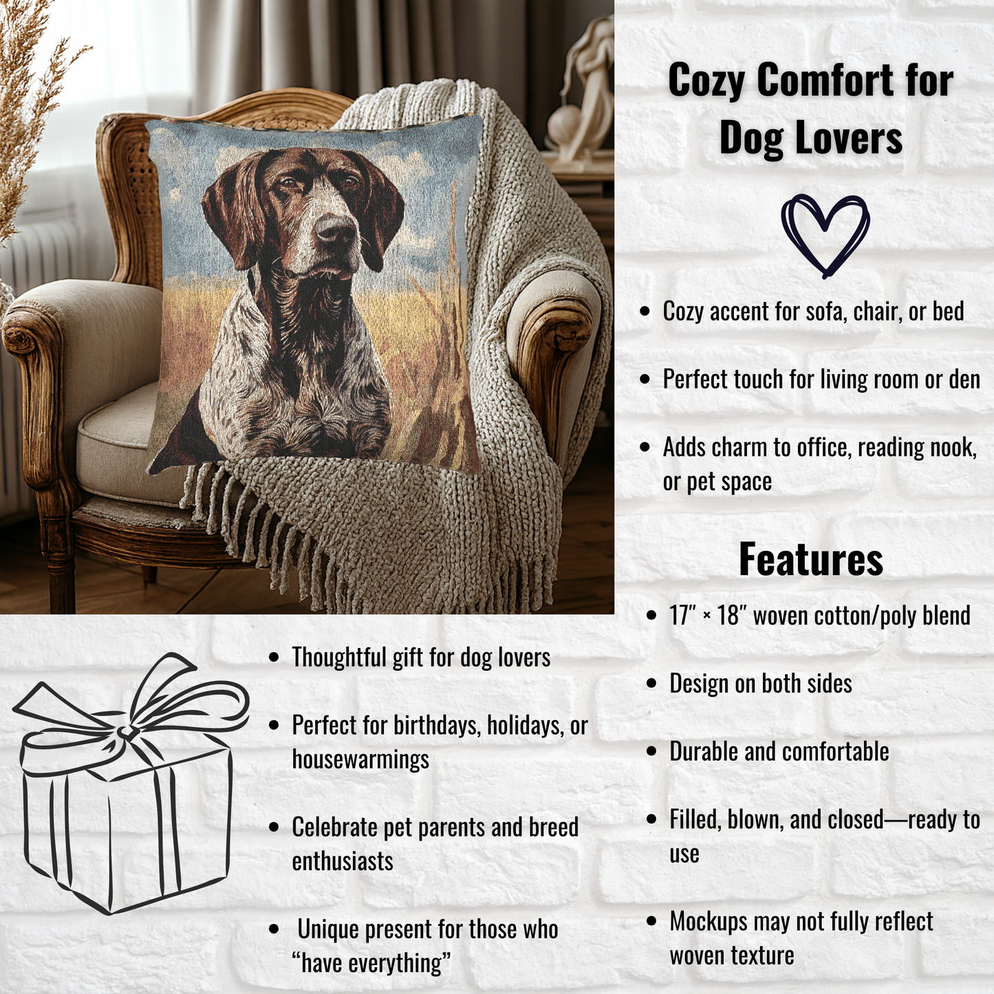 German Longhaired Pointer Woven Pillow – Watercolor Dog Art Décor