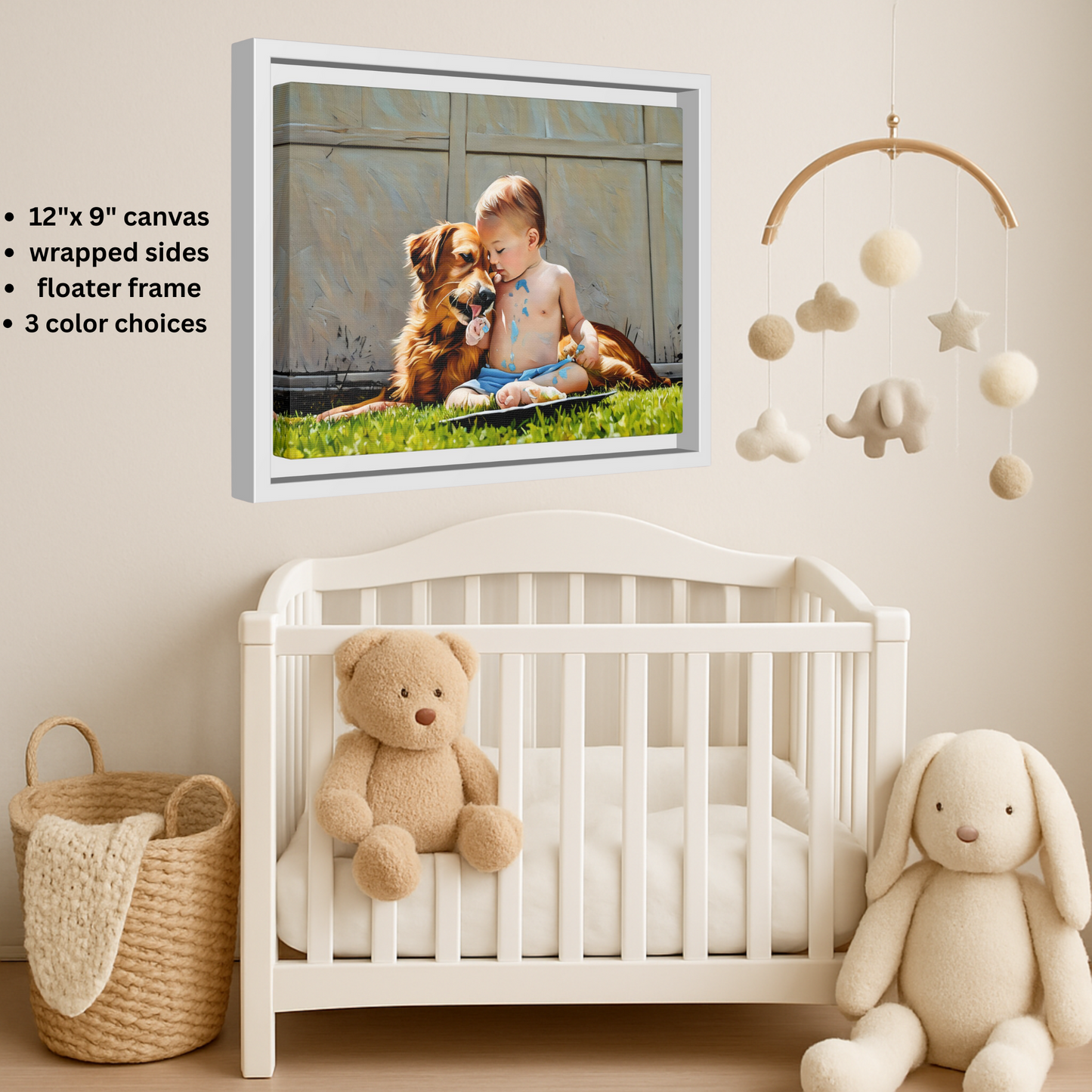 Golden Retriever & Baby Boy Canvas | Sweet Dog Art Print | Framed Wall Decor in Black, White, or Espresso | 9x12 | Dog Lover Gift