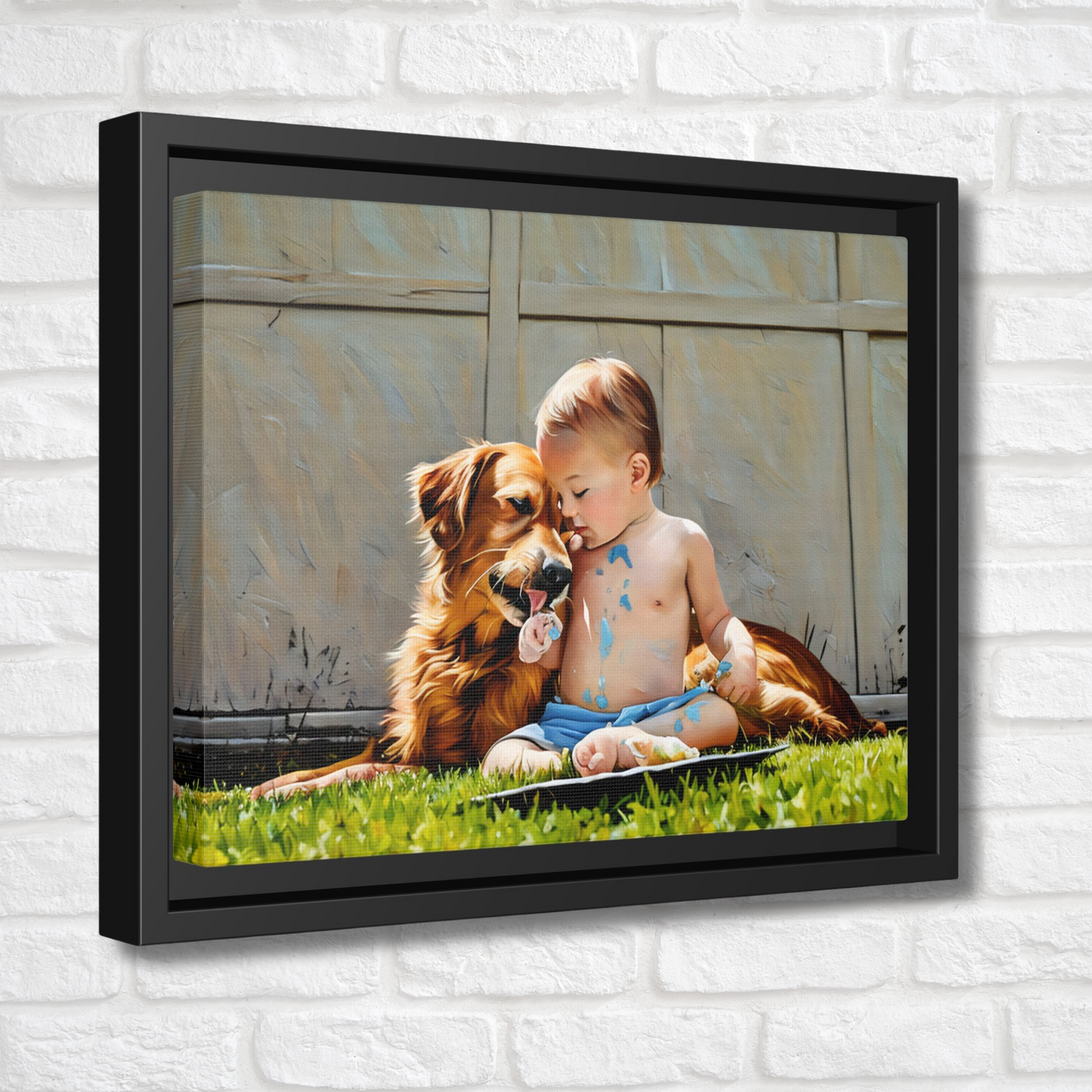 Golden Retriever & Baby Boy Canvas | Sweet Dog Art Print | Framed Wall Decor in Black, White, or Espresso | 9x12 | Dog Lover Gift