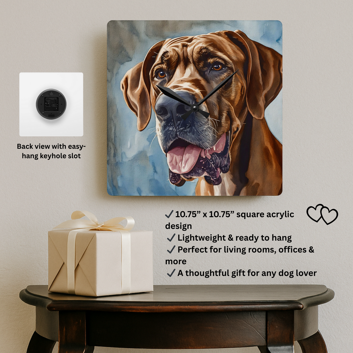 Great Dane Wall Clock – Watercolor Dog Art | 10.75” Square Acrylic Wall Décor