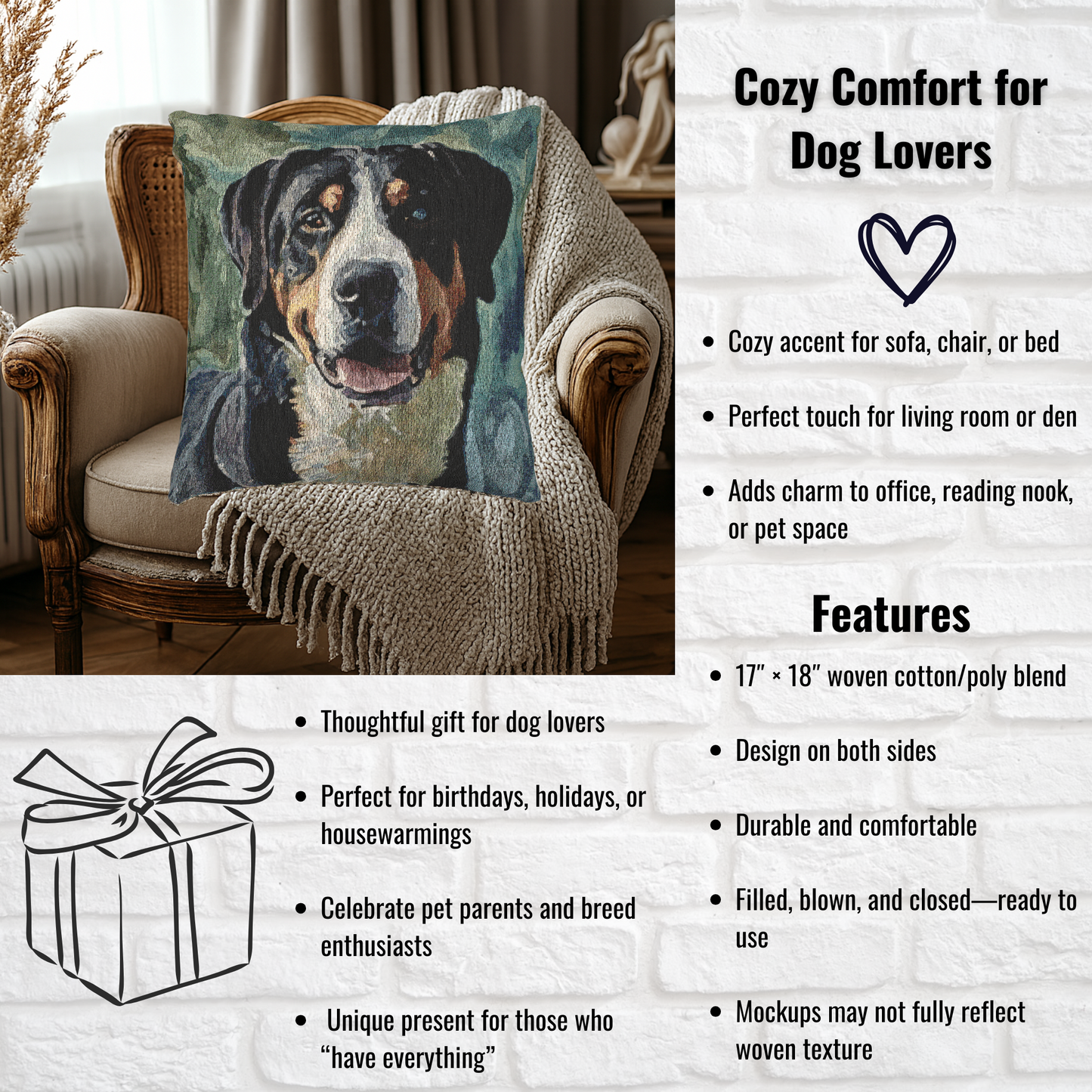 Greater Swiss Mountain Dog Woven Pillow | 17″×18″ Stuffed Dog Lover Home Décor