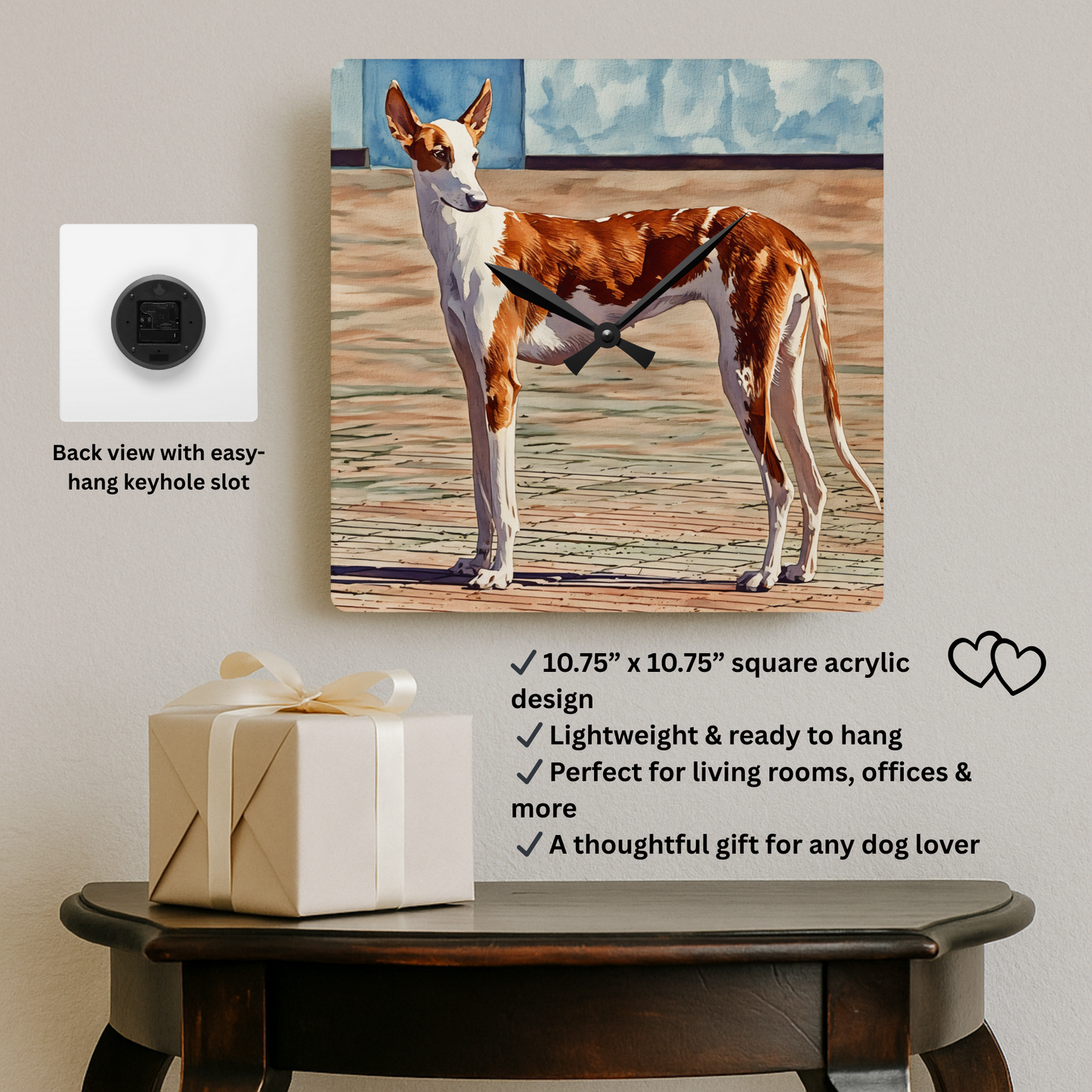 Ibizan Hound Wall Clock | Sleek 10.75″ Acrylic Sighthound Home Décor