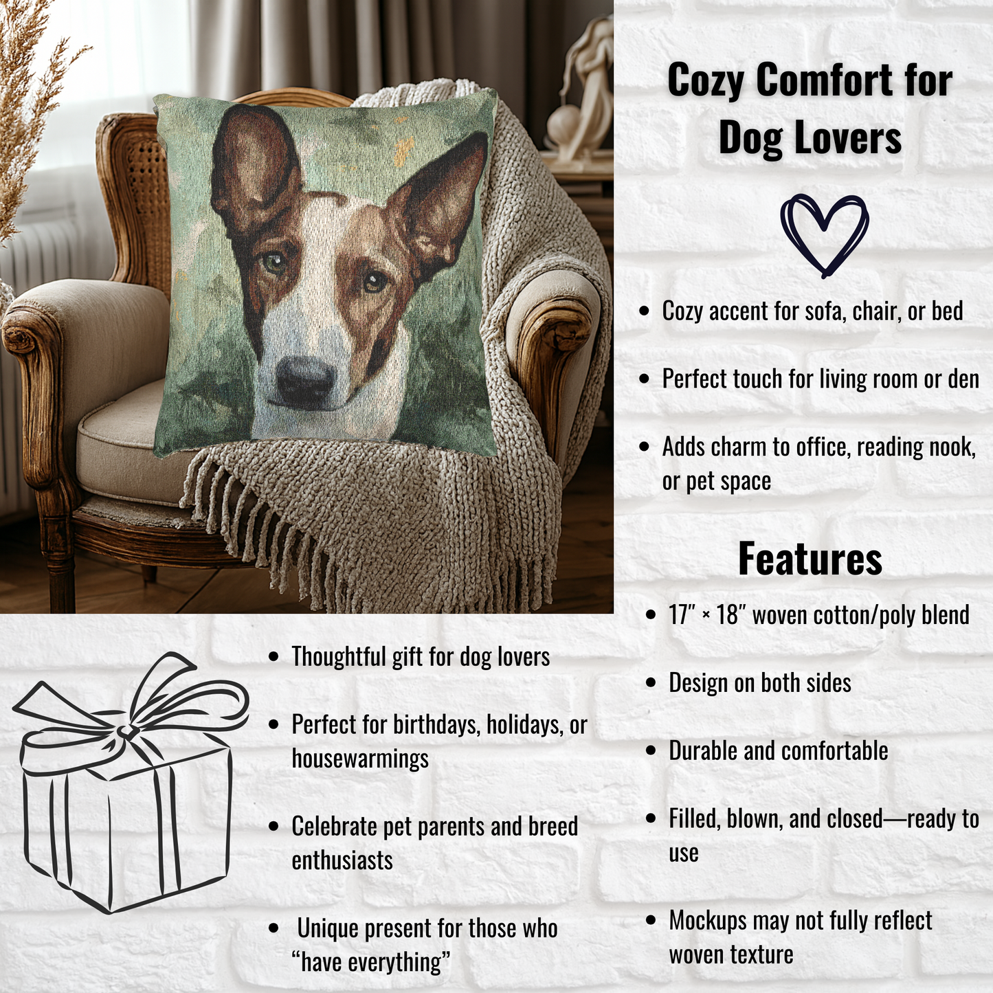 Ibizan Hound Woven Pillow | 17″×18″ Sleek Dog Lover Home Décor