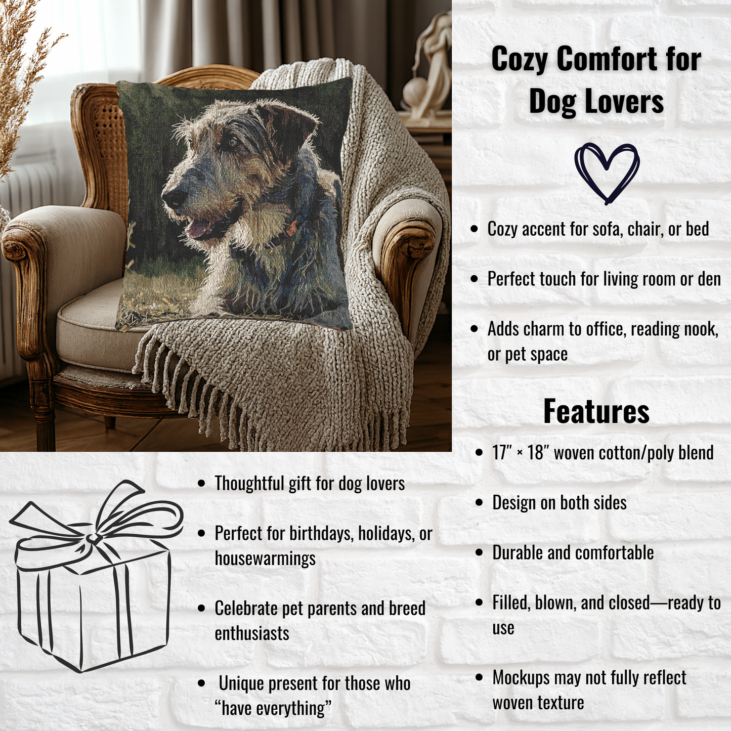 Irish Wolfhound Decorative Woven Pillow – 17" x 18" Dog Lover Home Décor