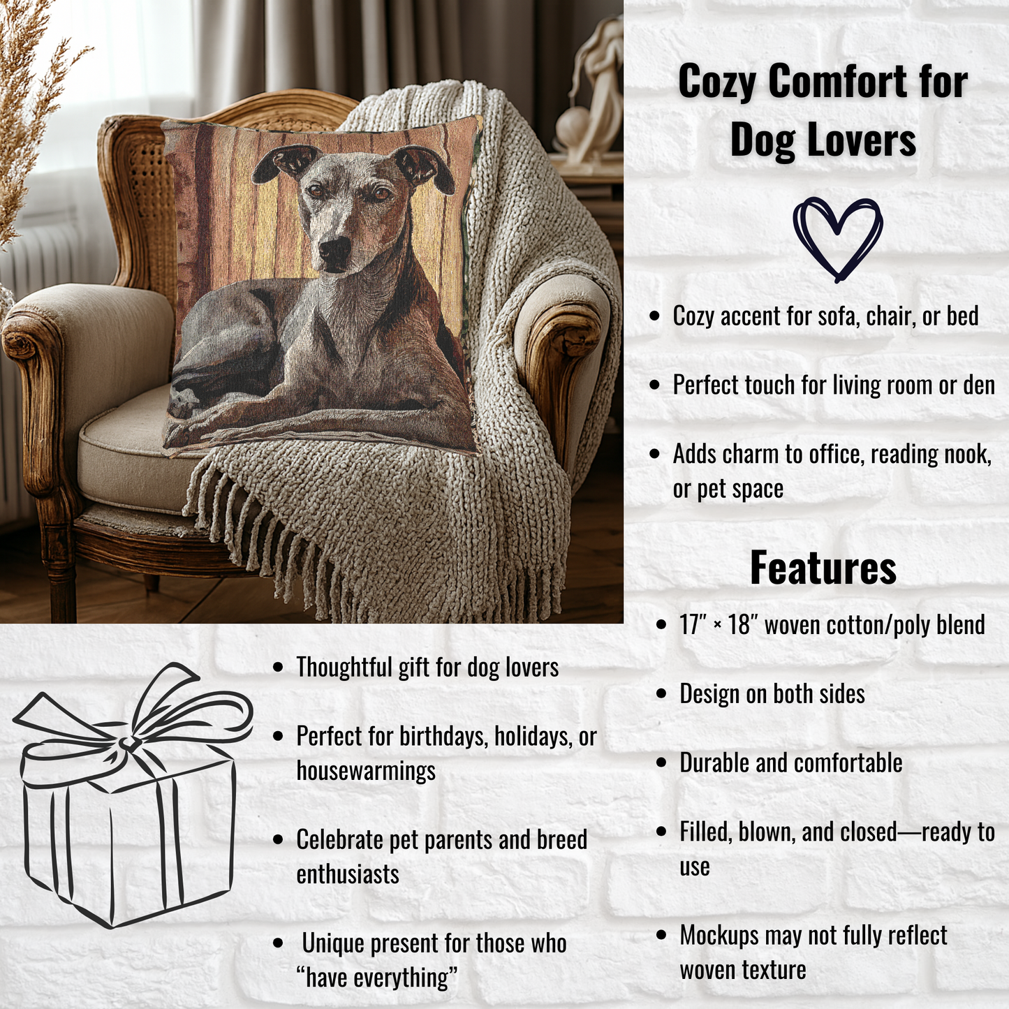 Italian Greyhound Decorative Woven Pillow – 17" x 18" Dog Lover Home Décor