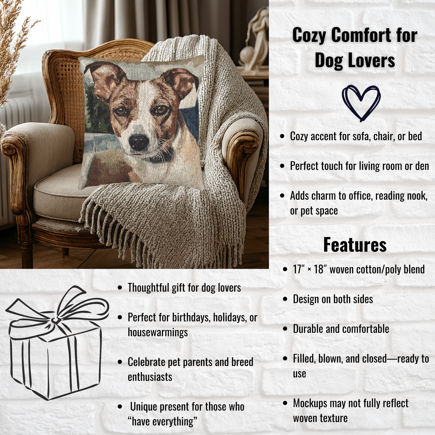 Jack Russell Terrier Decorative Woven Pillow – 17" x 18" Dog Lover Home Décor