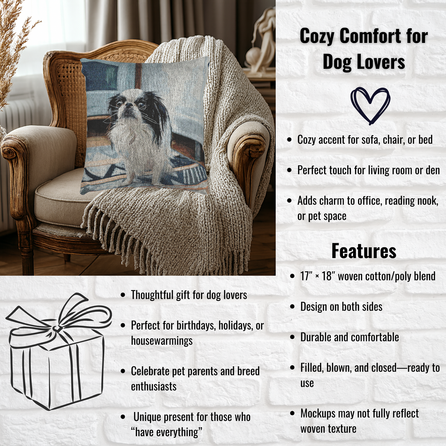 Japanese Chin Decorative Woven Pillow – 17" x 18" Dog Lover Home Décor