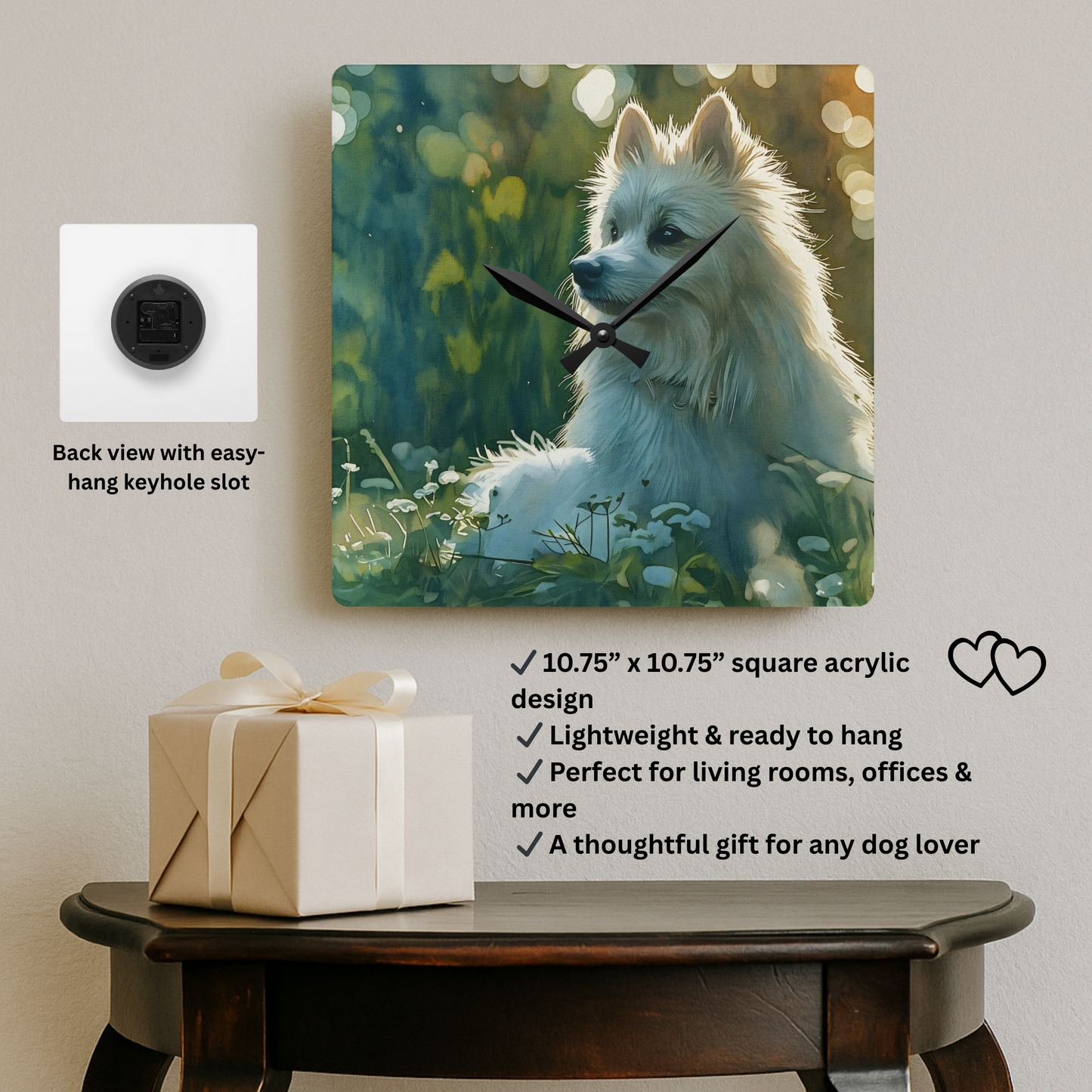Japanese Spitz Acrylic Wall Clock – Fluffy & Cheerful Dog Lover Home Décor