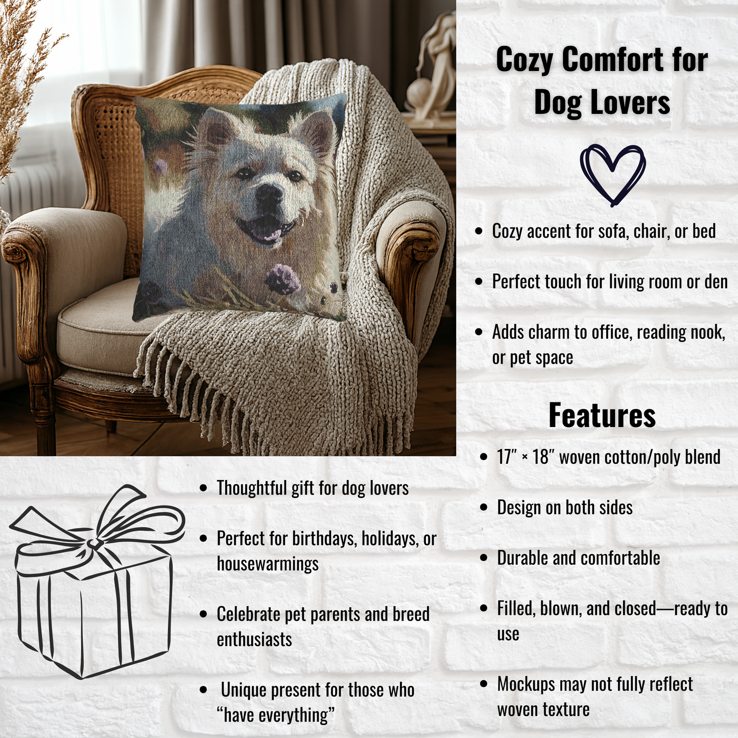 Japanese Spitz Decorative Woven Pillow – 17" x 18" Dog Lover Home Décor
