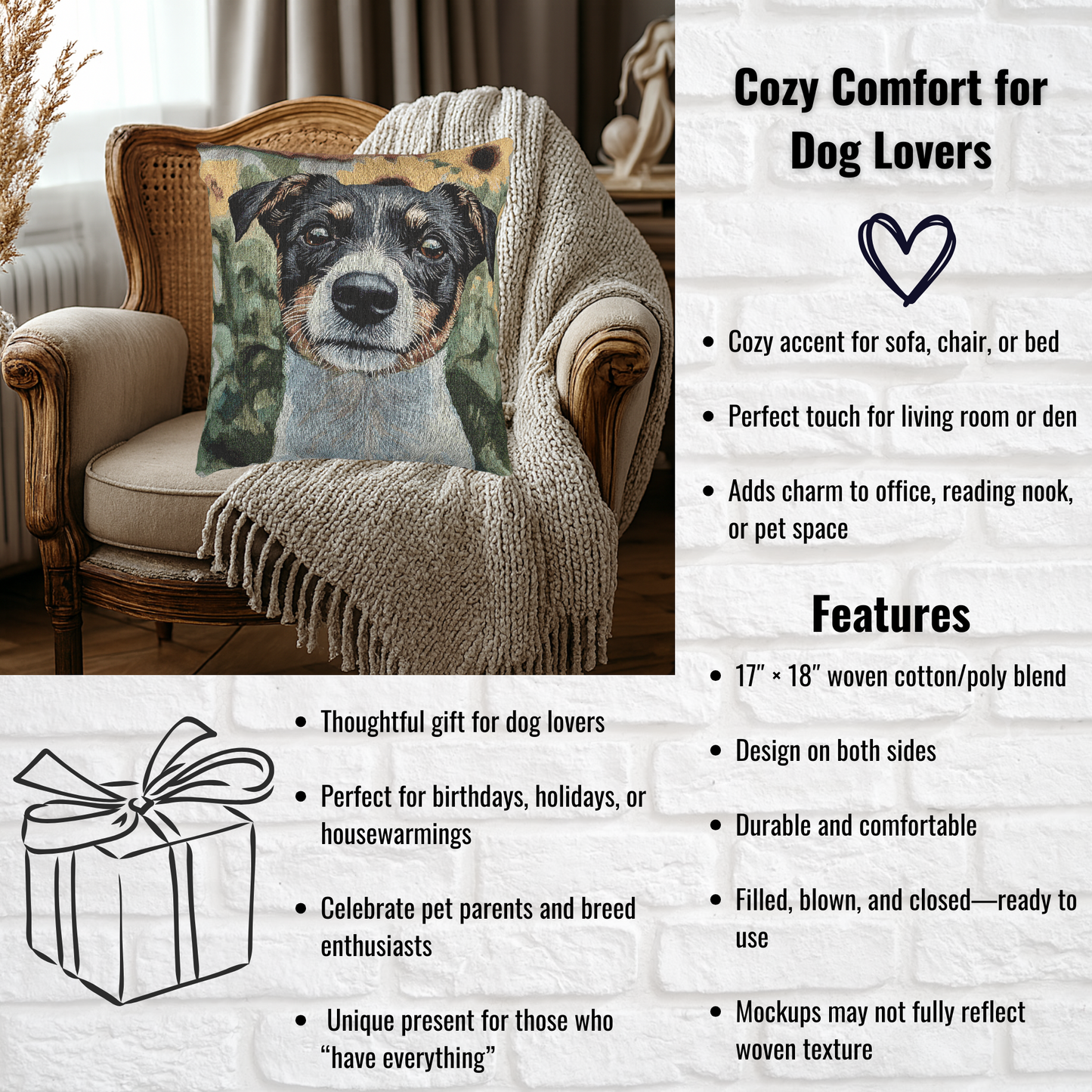Japanese Terrier Decorative Woven Pillow – 17" x 18" Dog Lover Home Décor