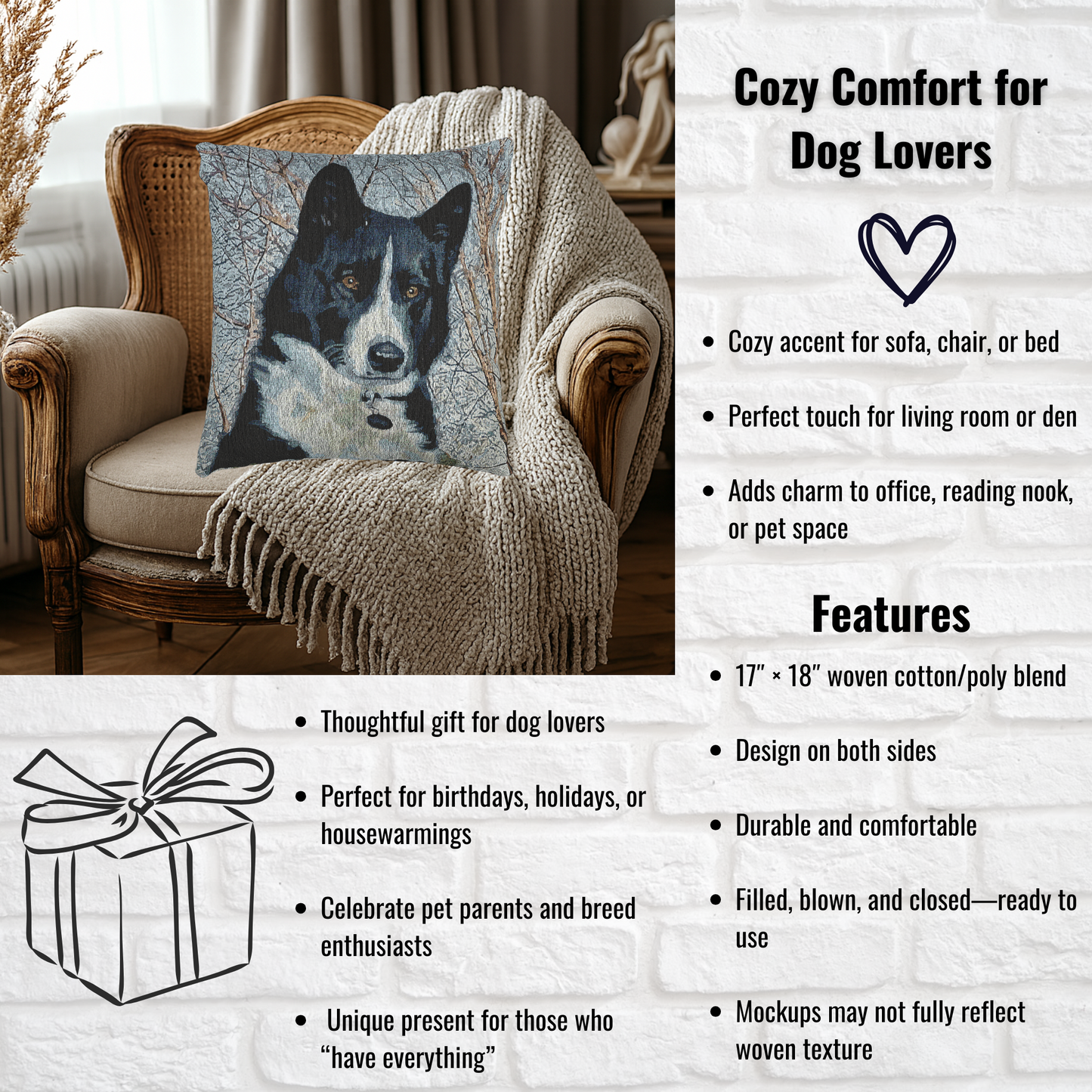 Karelian Bear Dog Decorative Woven Pillow – 17" x 18" Dog Lover Home Décor