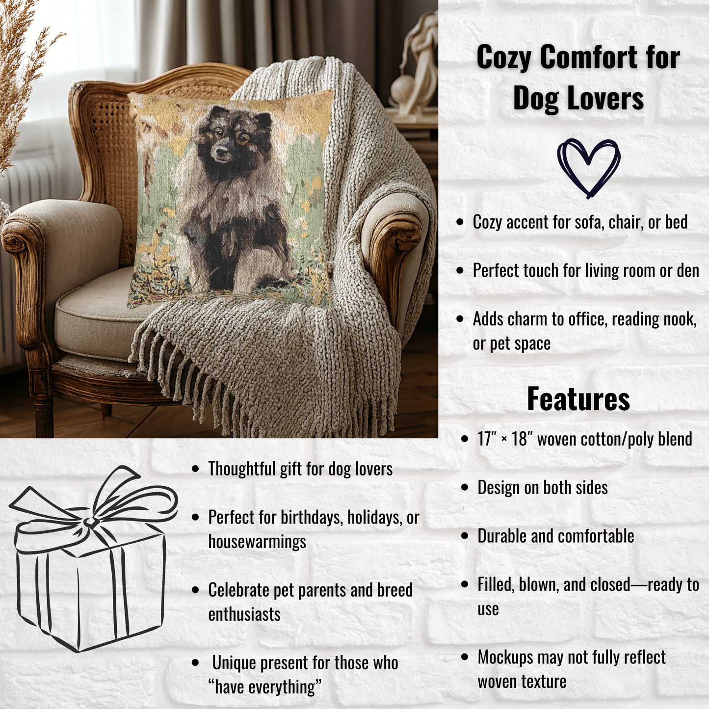 Keeshond Woven Pillow | 17x18 Dog Lover Home Décor | Cotton/Poly Blend